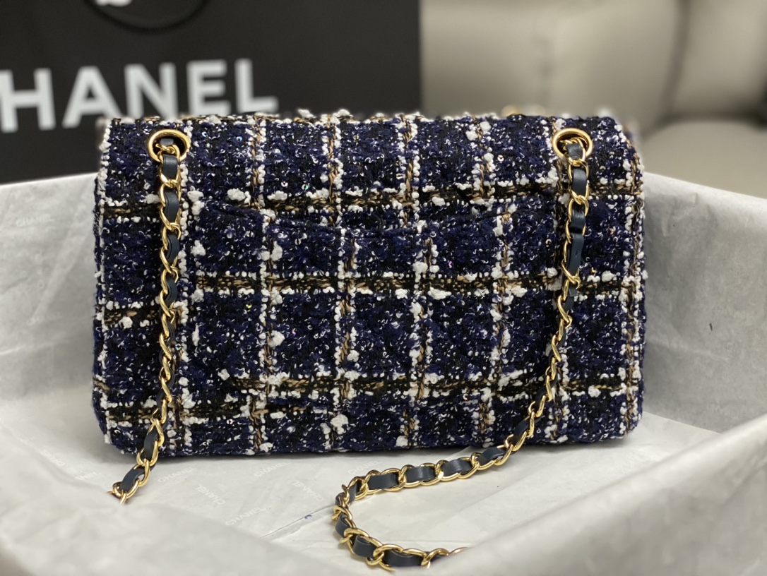 Bagsaaa Ch**el Tweed Flap Bag Blue, Gold and White - 25cm