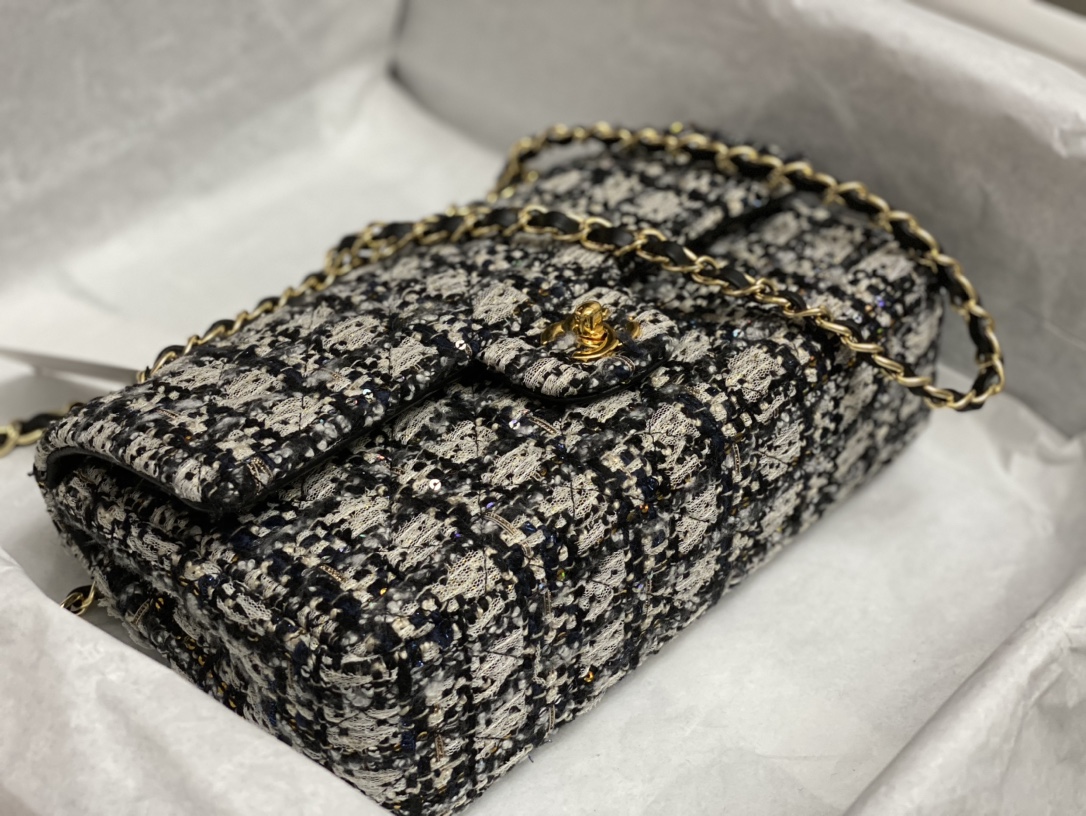Bagsaaa Ch**el Tweed Flap Bag Black, Blue and Cream - 25cm