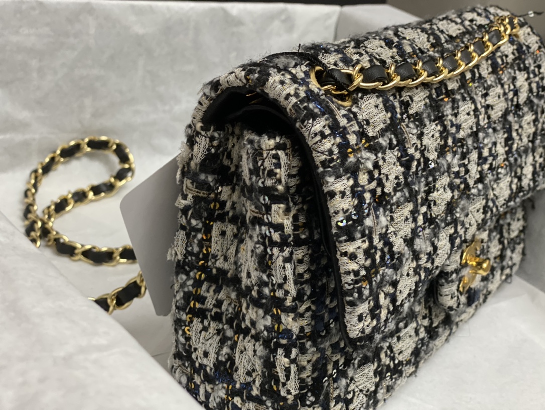Bagsaaa Ch**el Tweed Flap Bag Black, Blue and Cream - 25cm