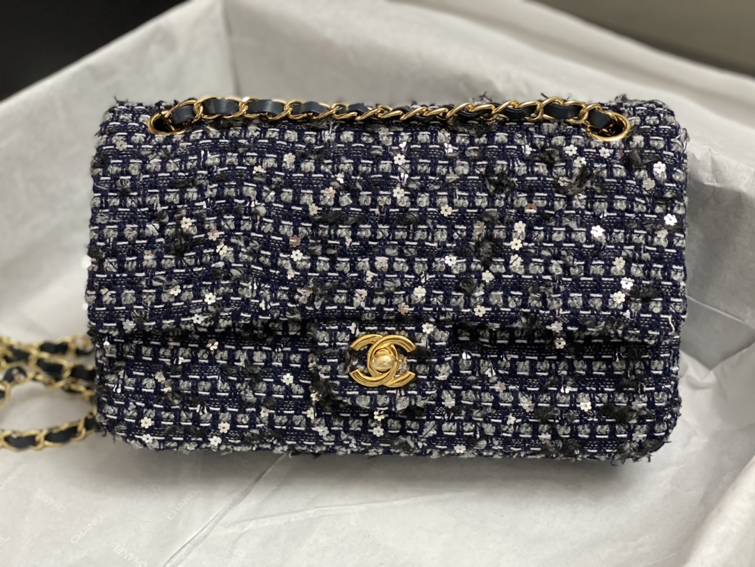 Bagsaaa Ch**el Tweed Flap Bag Blue and Flower - 25cm