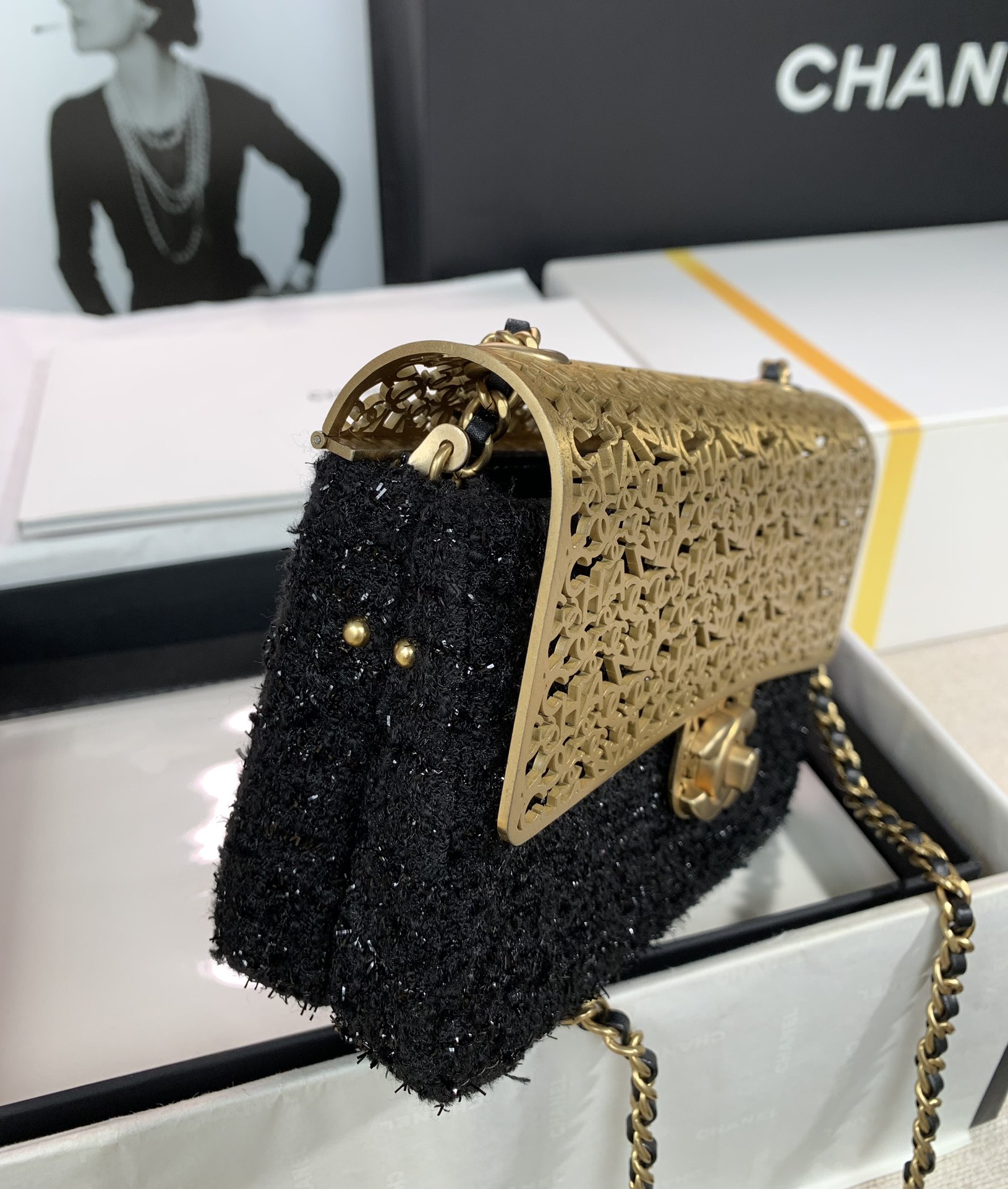 Bagsaaa Ch**el Evening Flap Bag Black Tweed and Gold - 20x13x7cm