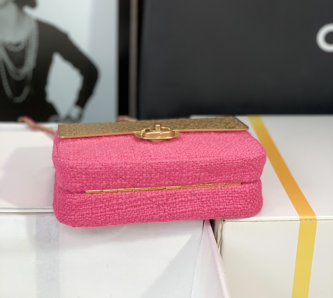 Bagsaaa Ch**el Evening Flap Bag Pink Tweed and Gold - 20x13x7cm