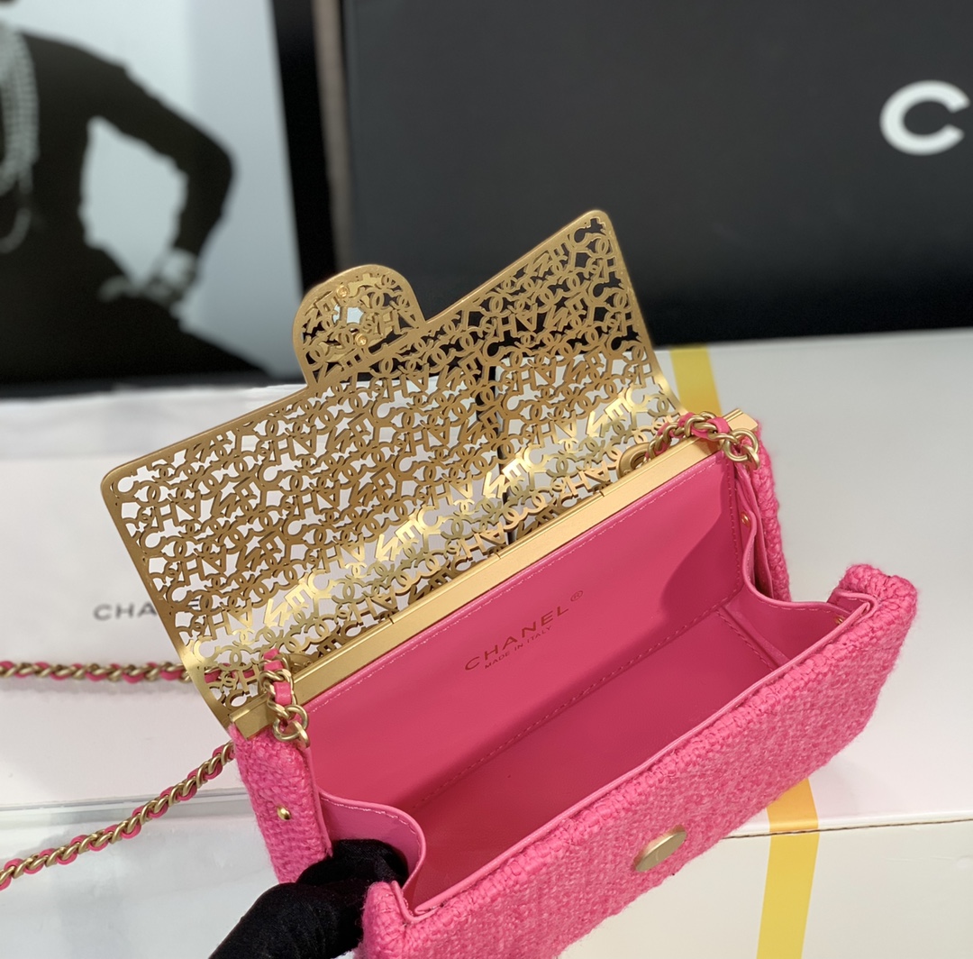 Bagsaaa Ch**el Evening Flap Bag Pink Tweed and Gold - 20x13x7cm