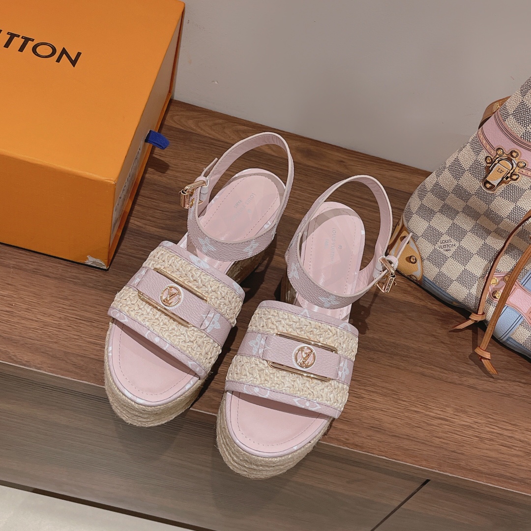 Bagsaaa L0vis Vvtt0n Starboard Wedge Sandal Pink LV Logo