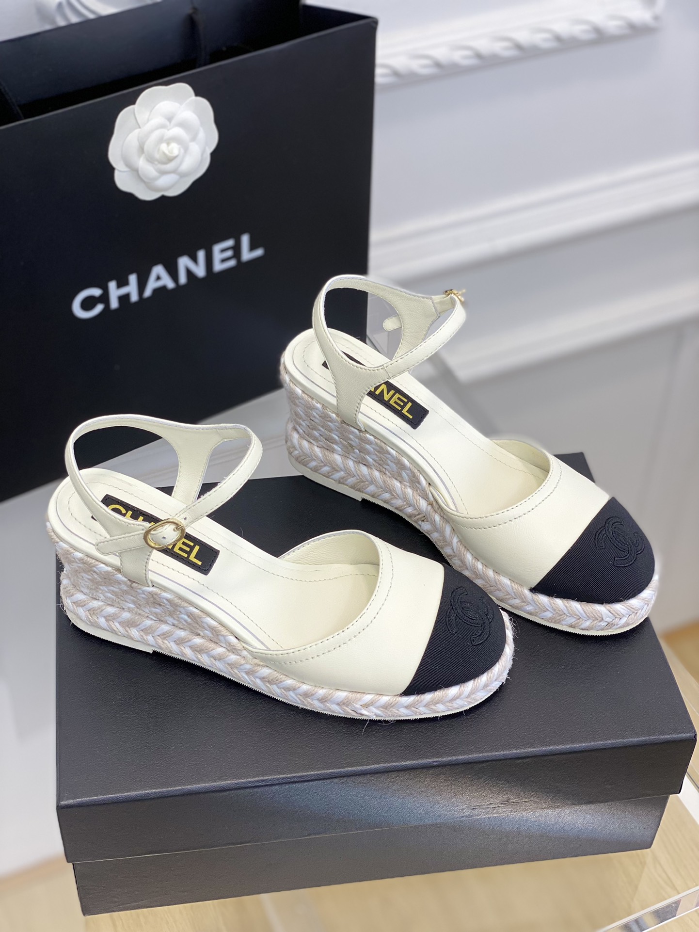 Bagsaaa Ch**el Ankle Strap Wedge Espadrilles White Leather