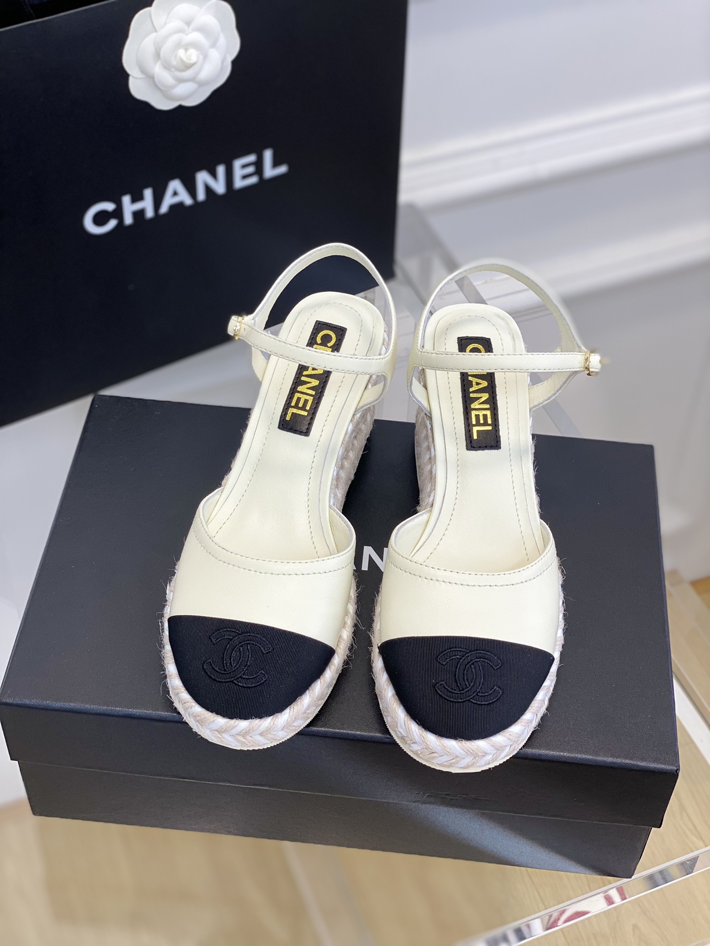 Bagsaaa Ch**el Ankle Strap Wedge Espadrilles White Leather