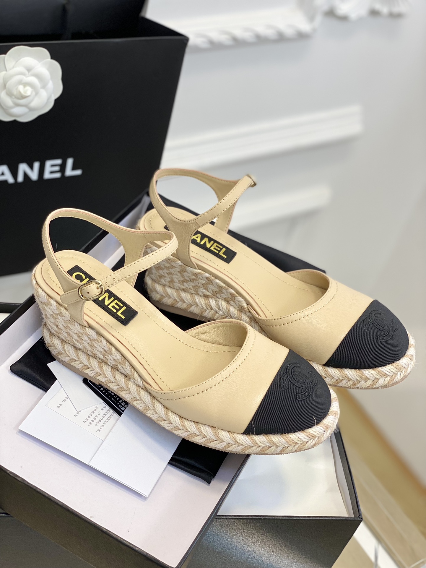 Bagsaaa Ch**el Ankle Strap Wedge Espadrilles Beige Leather
