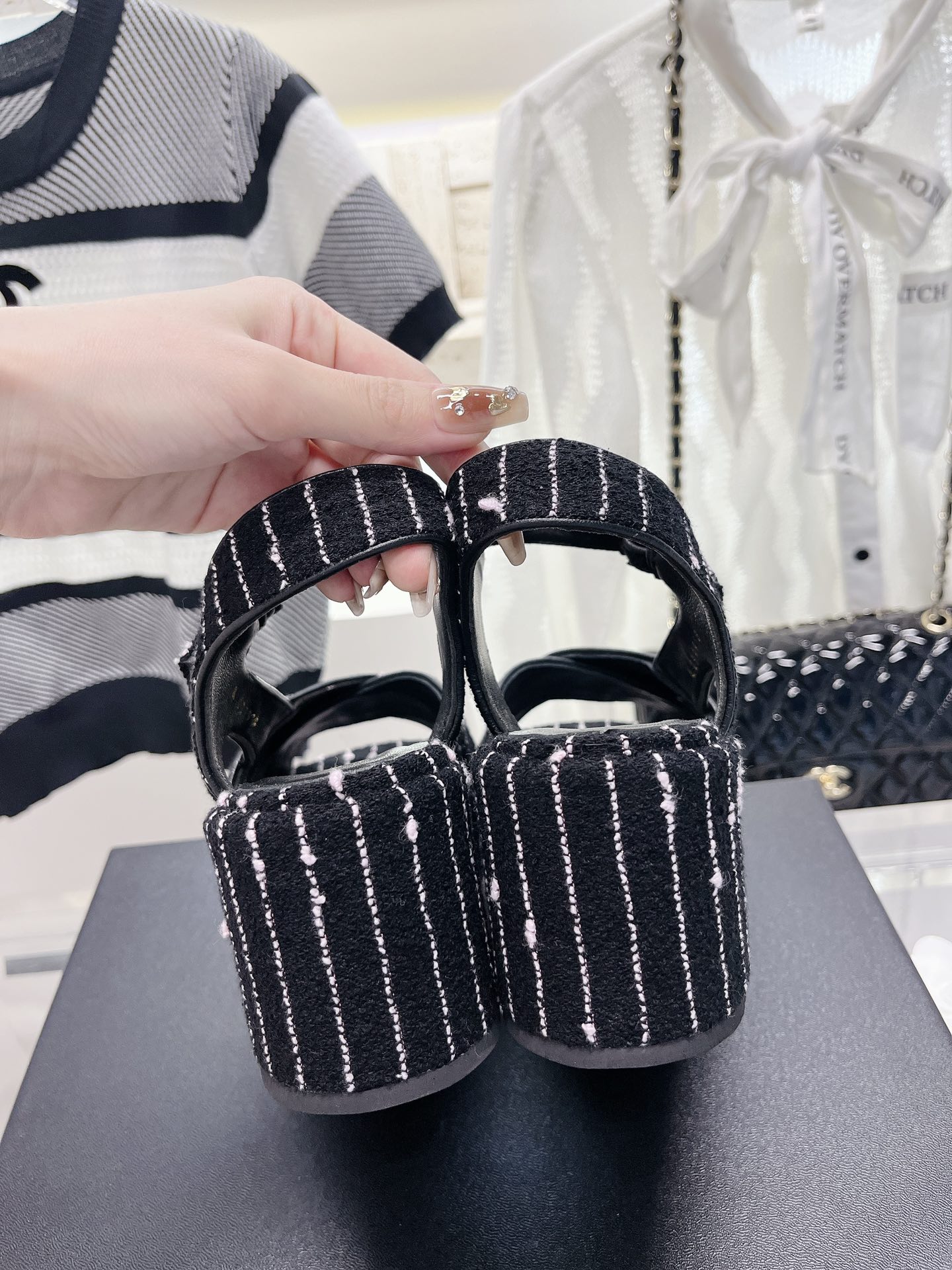 Bagsaaa Ch**el Black Tweed Wedge Sandals 