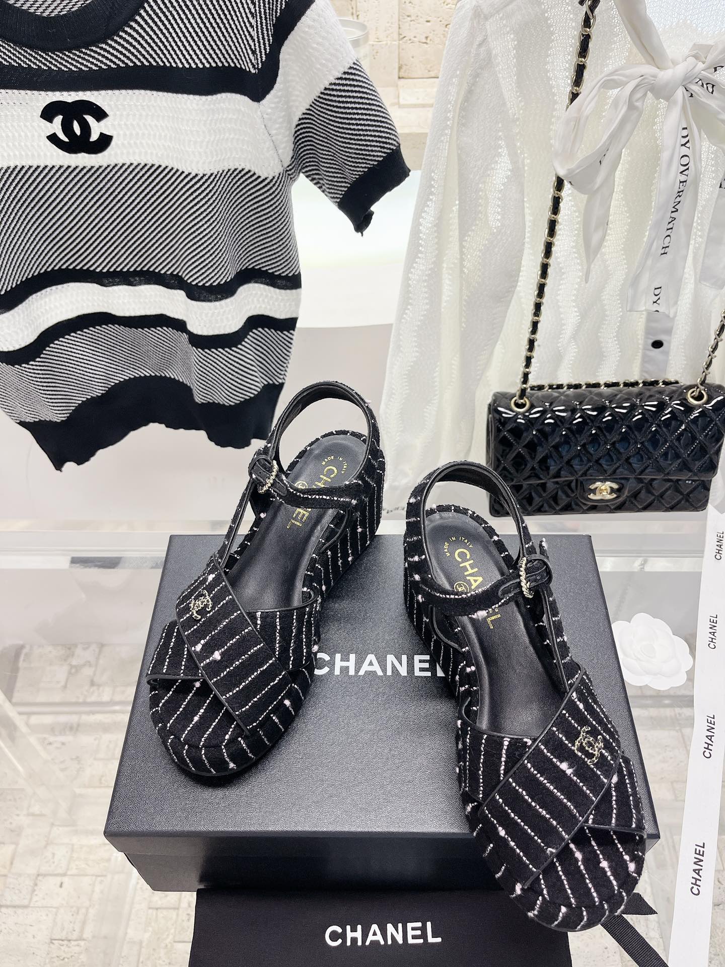 Bagsaaa Ch**el Black Tweed Wedge Sandals 