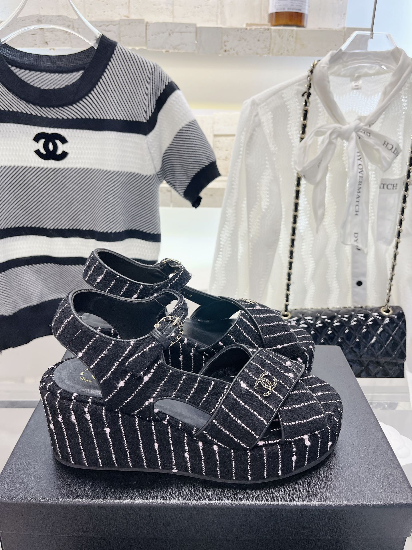 Bagsaaa Ch**el Black Tweed Wedge Sandals 