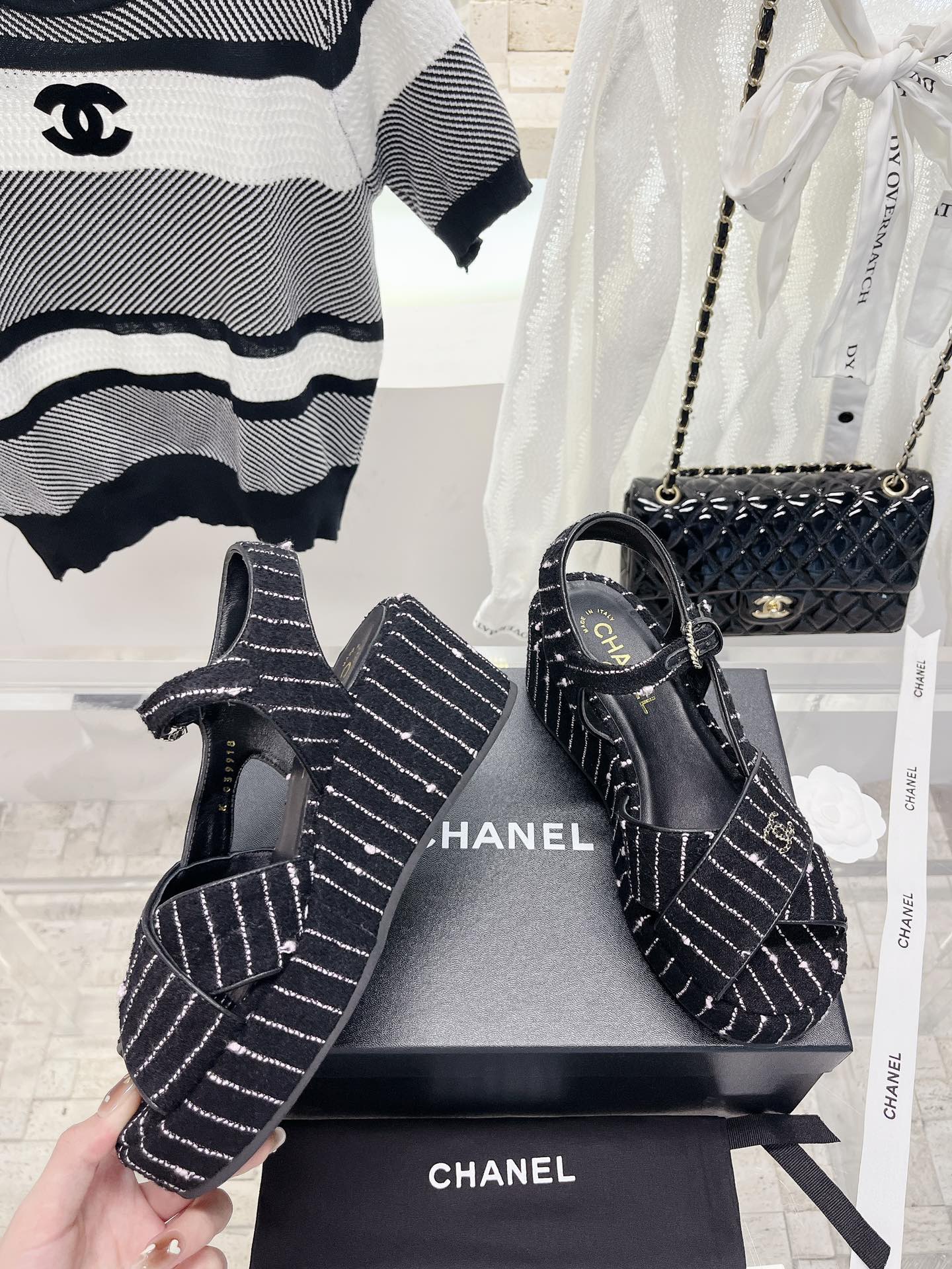 Bagsaaa Ch**el Black Tweed Wedge Sandals 