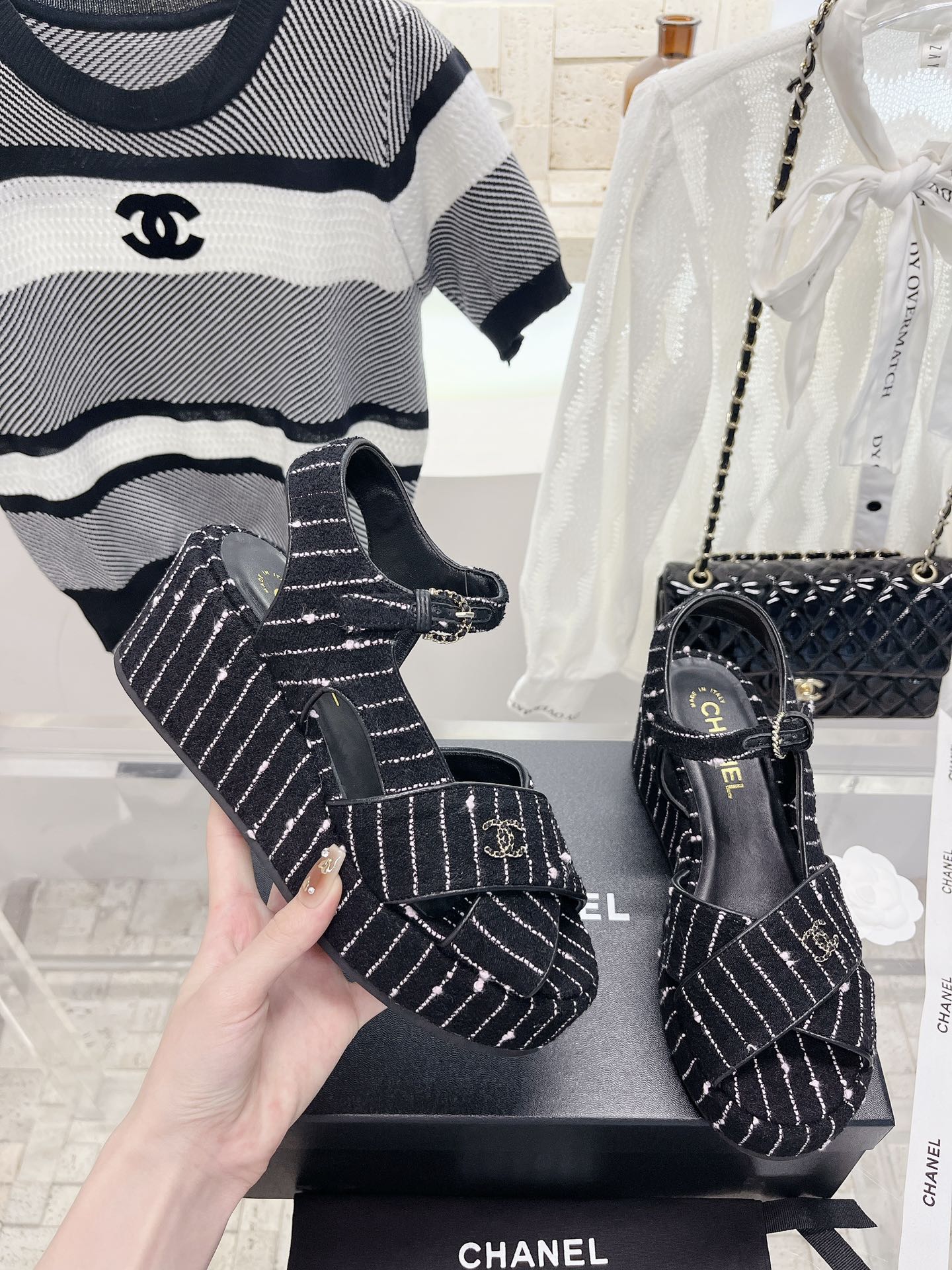 Bagsaaa Ch**el Black Tweed Wedge Sandals 