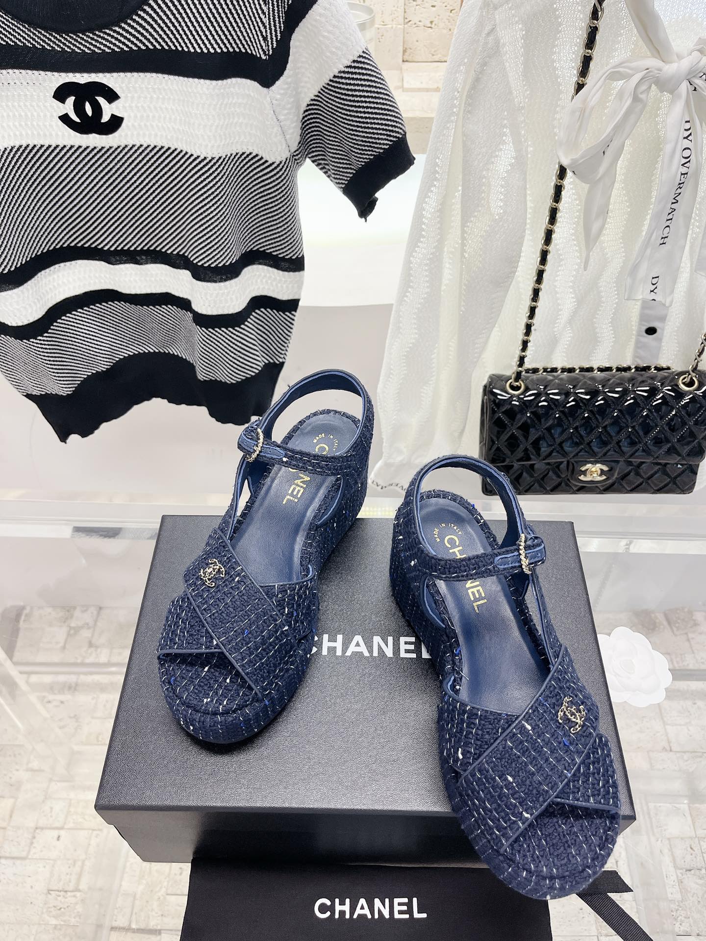 Bagsaaa Ch**el Blue Tweed Wedge Sandals