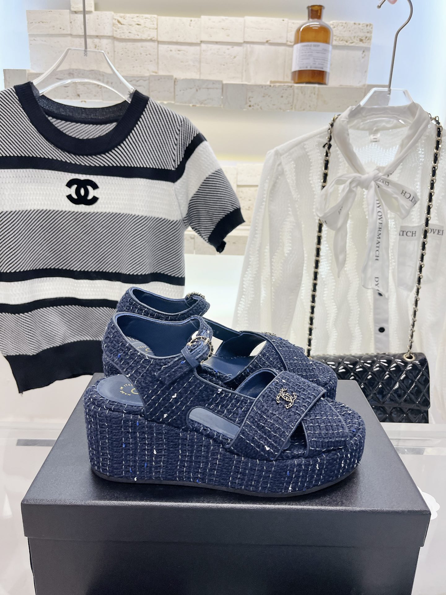 Bagsaaa Ch**el Blue Tweed Wedge Sandals
