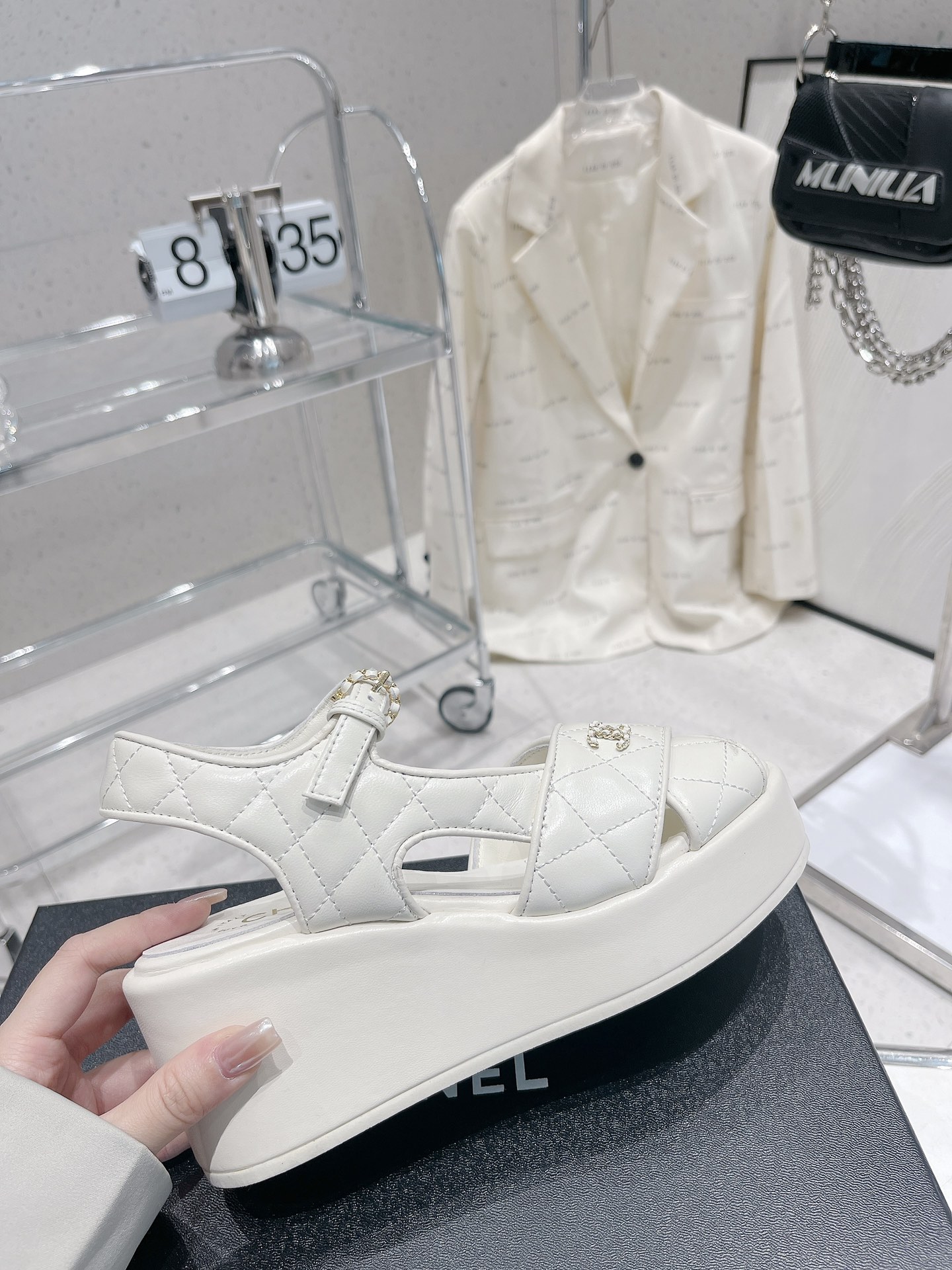 Bagsaaa Ch**el White Lambskin Wedge Sandals