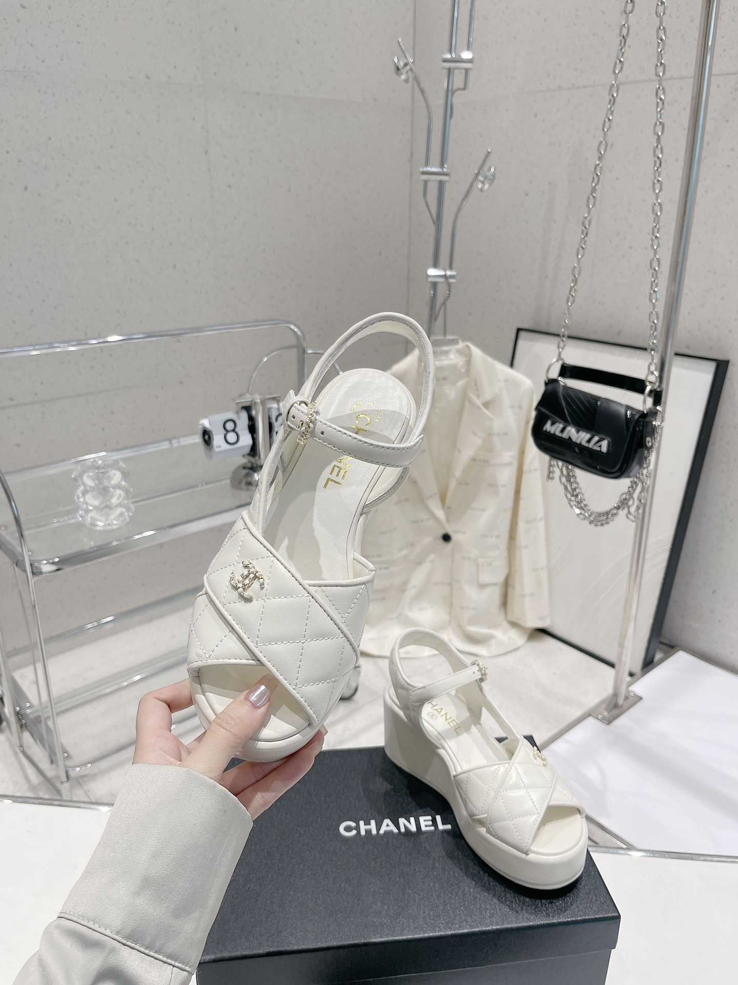 Bagsaaa Ch**el White Lambskin Wedge Sandals
