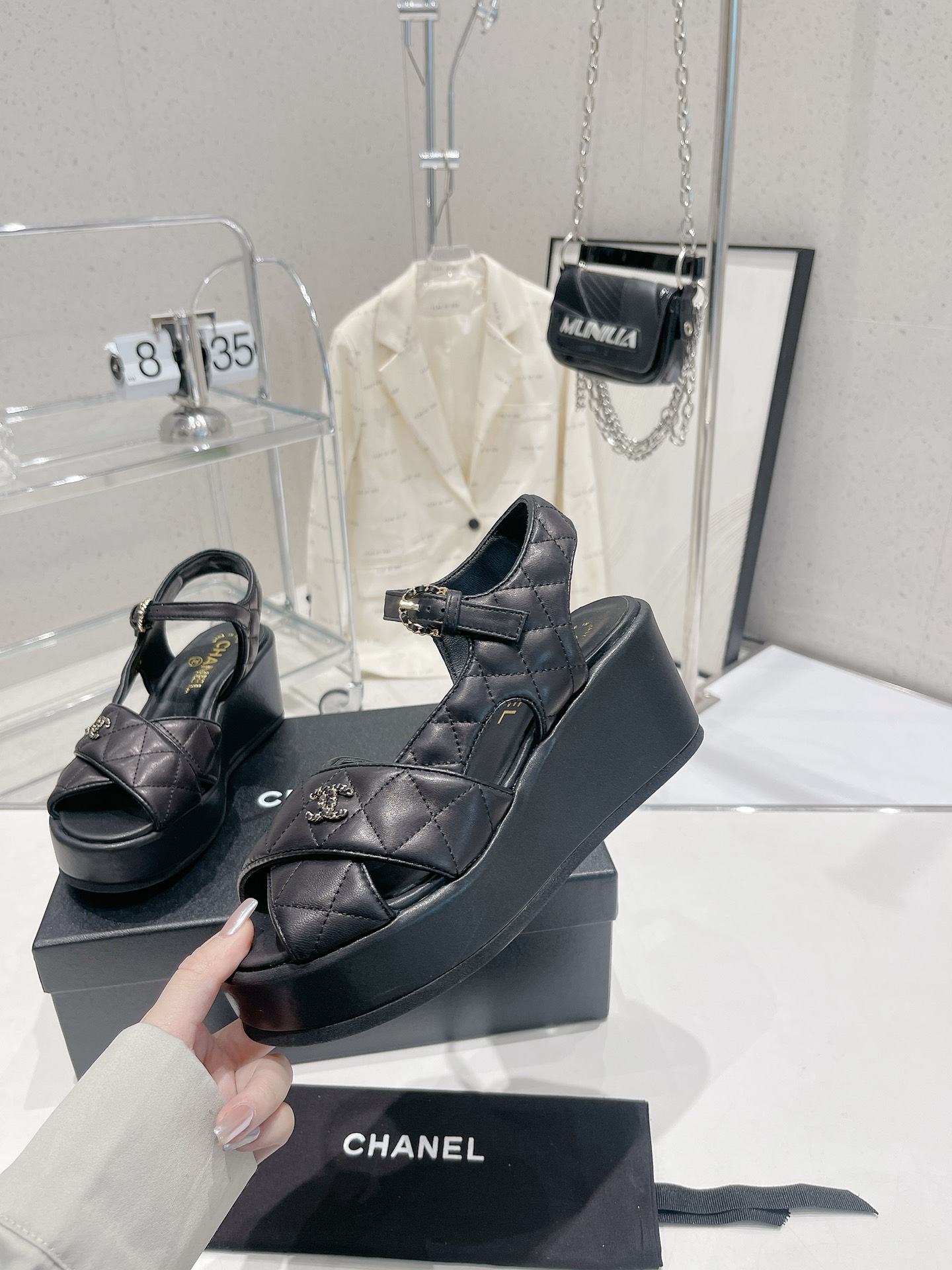 Bagsaaa Ch**el Black Lambskin Wedge Sandals