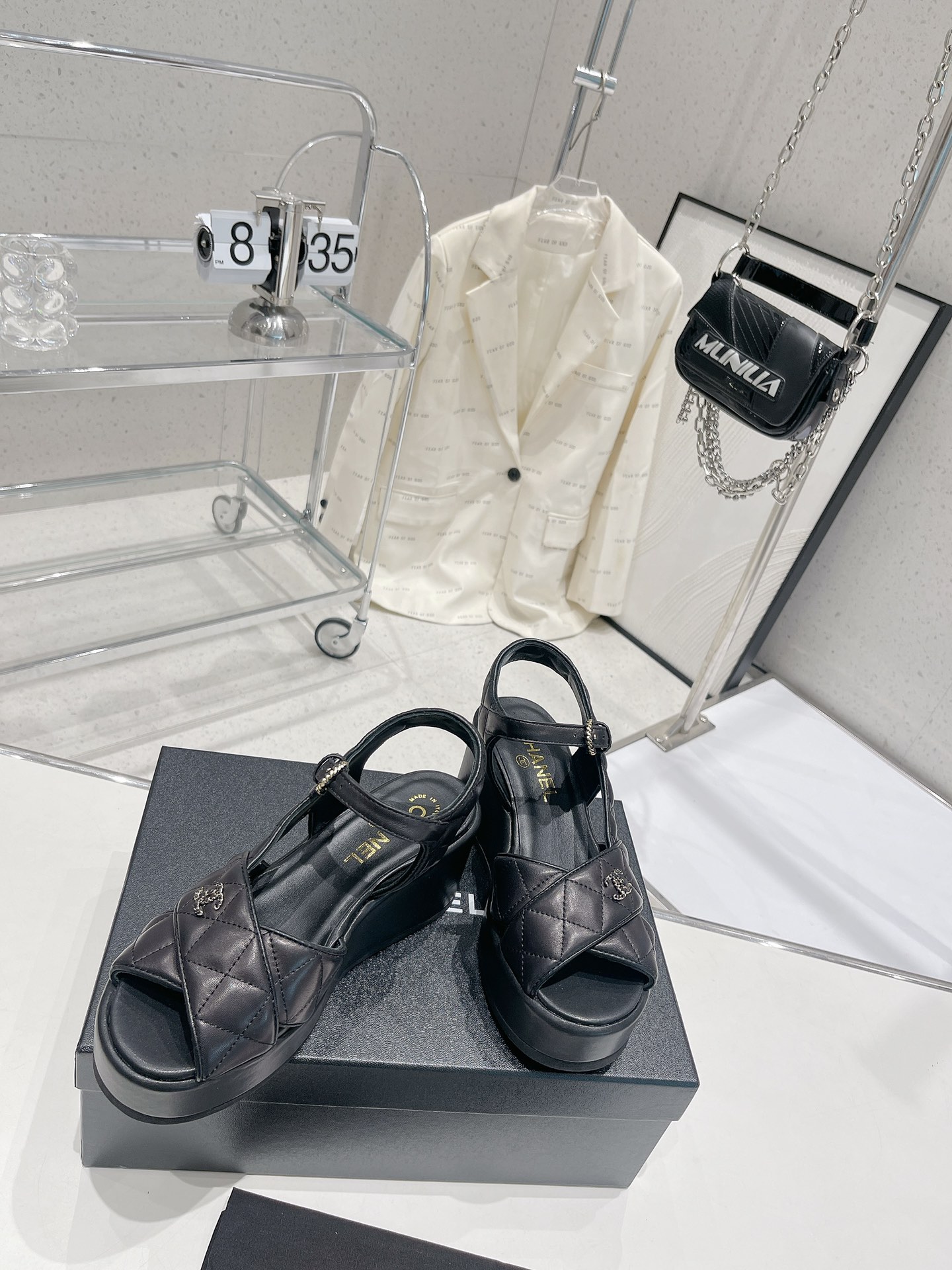 Bagsaaa Ch**el Black Lambskin Wedge Sandals