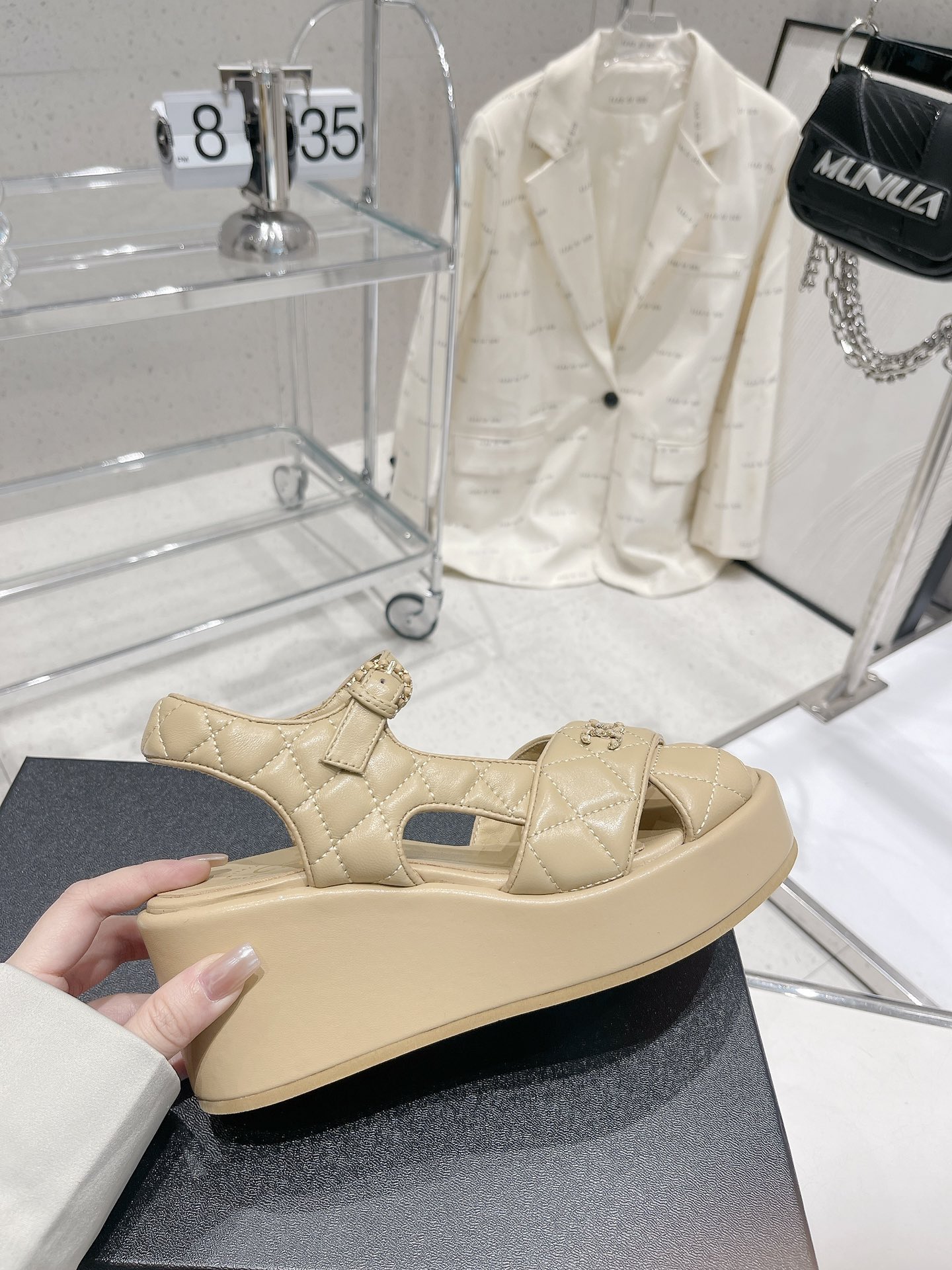 Bagsaaa Ch**el Beige Lambskin Wedge Sandals