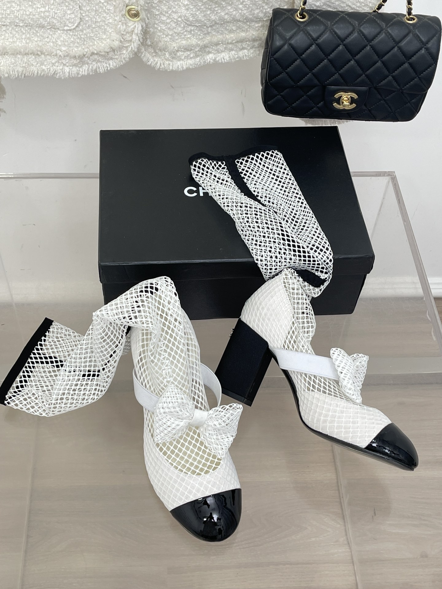 Bagsaaa Ch**el Mary Janes Resille Calfskin Long White High Heels