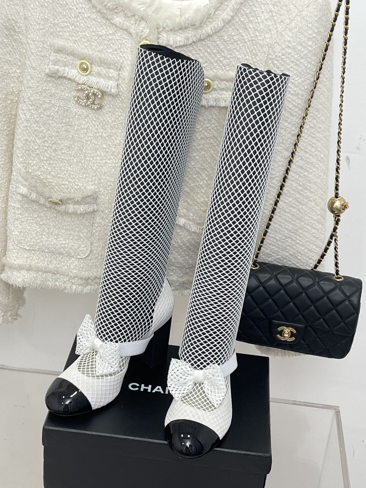 Bagsaaa Ch**el Mary Janes Resille Calfskin Long White High Heels