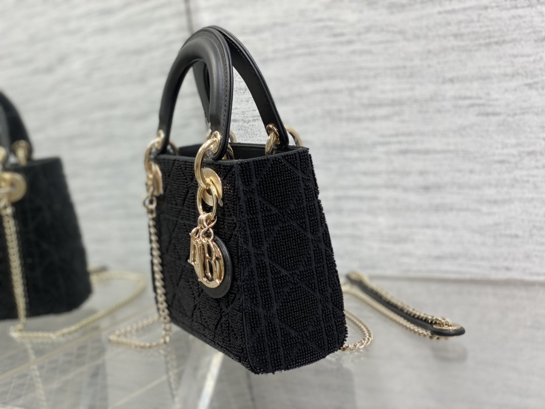 Bagsaaa D10r Lady Mini Black Cannage Cotton with Micropearl Embroidery