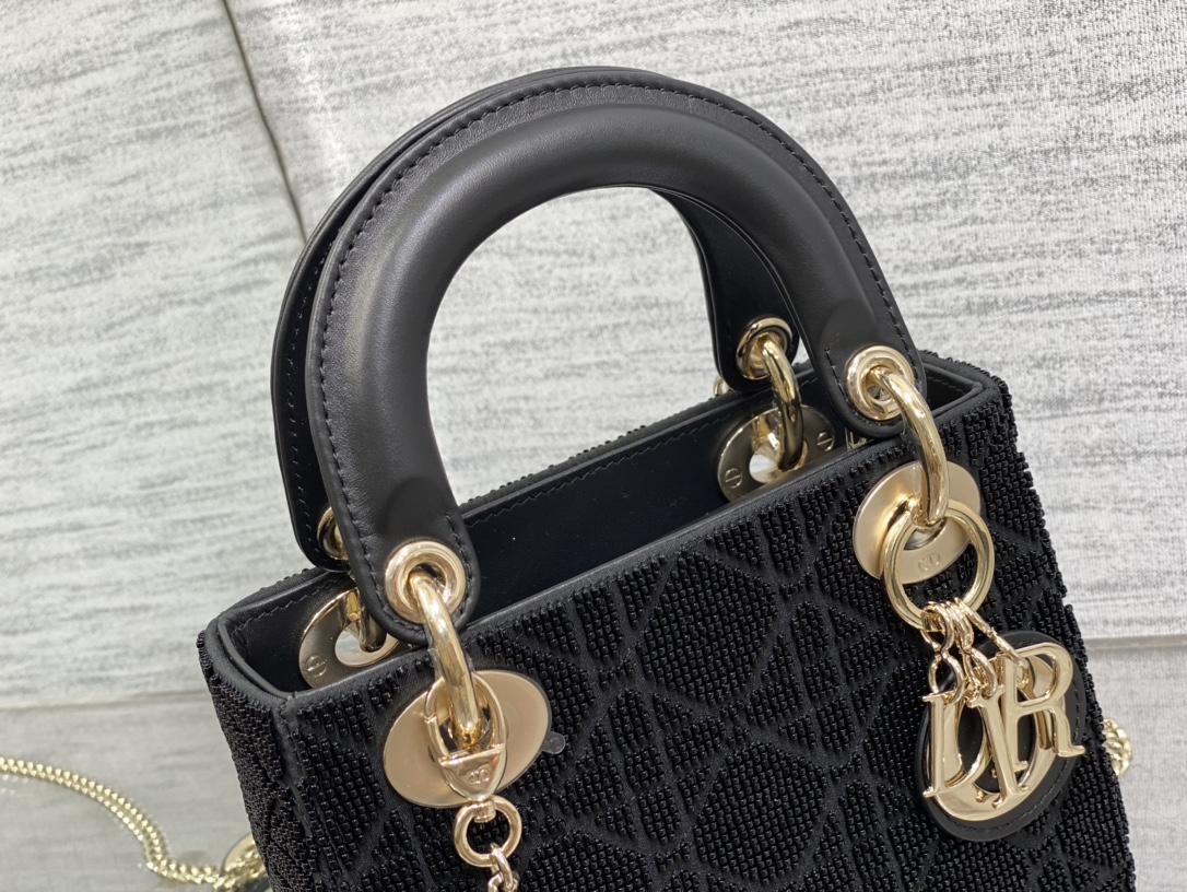 Bagsaaa D10r Lady Mini Black Cannage Cotton with Micropearl Embroidery