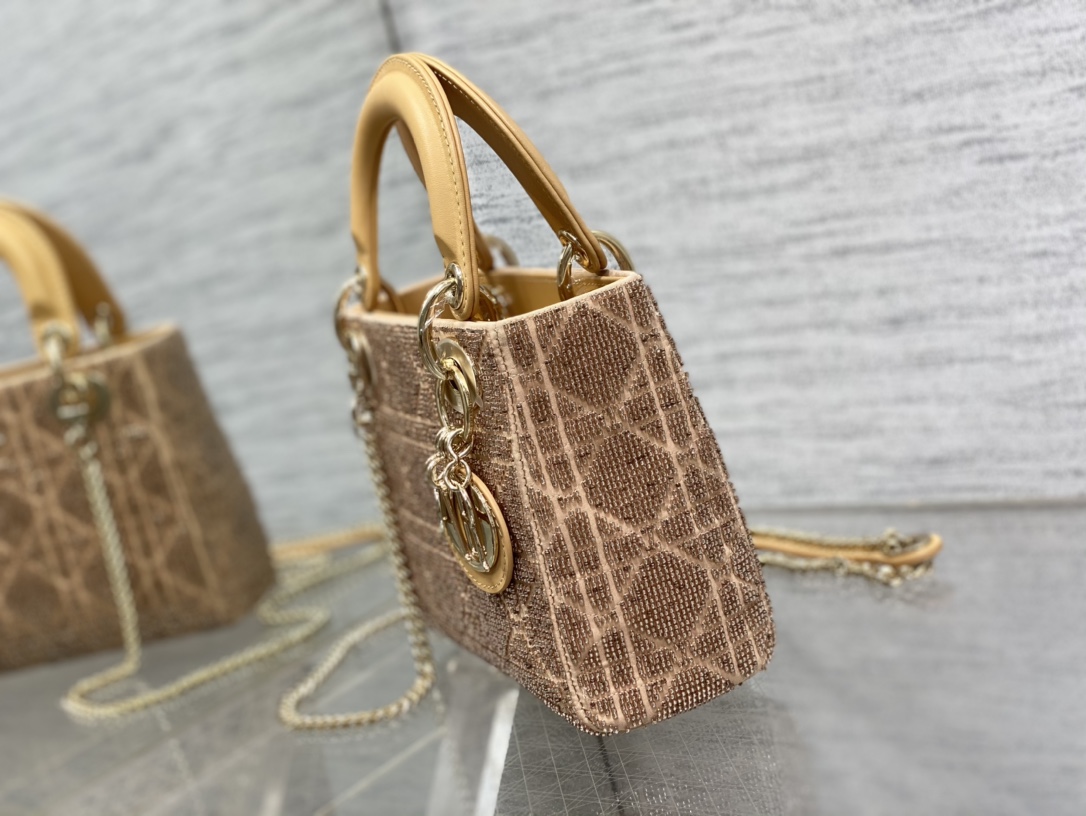 Bagsaaa D10r Lady Mini Gold Cannage Cotton with Micropearl Embroidery