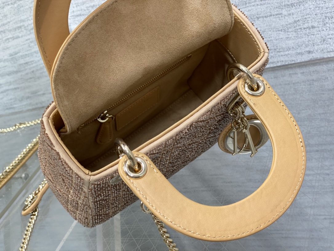 Bagsaaa D10r Lady Mini Gold Cannage Cotton with Micropearl Embroidery