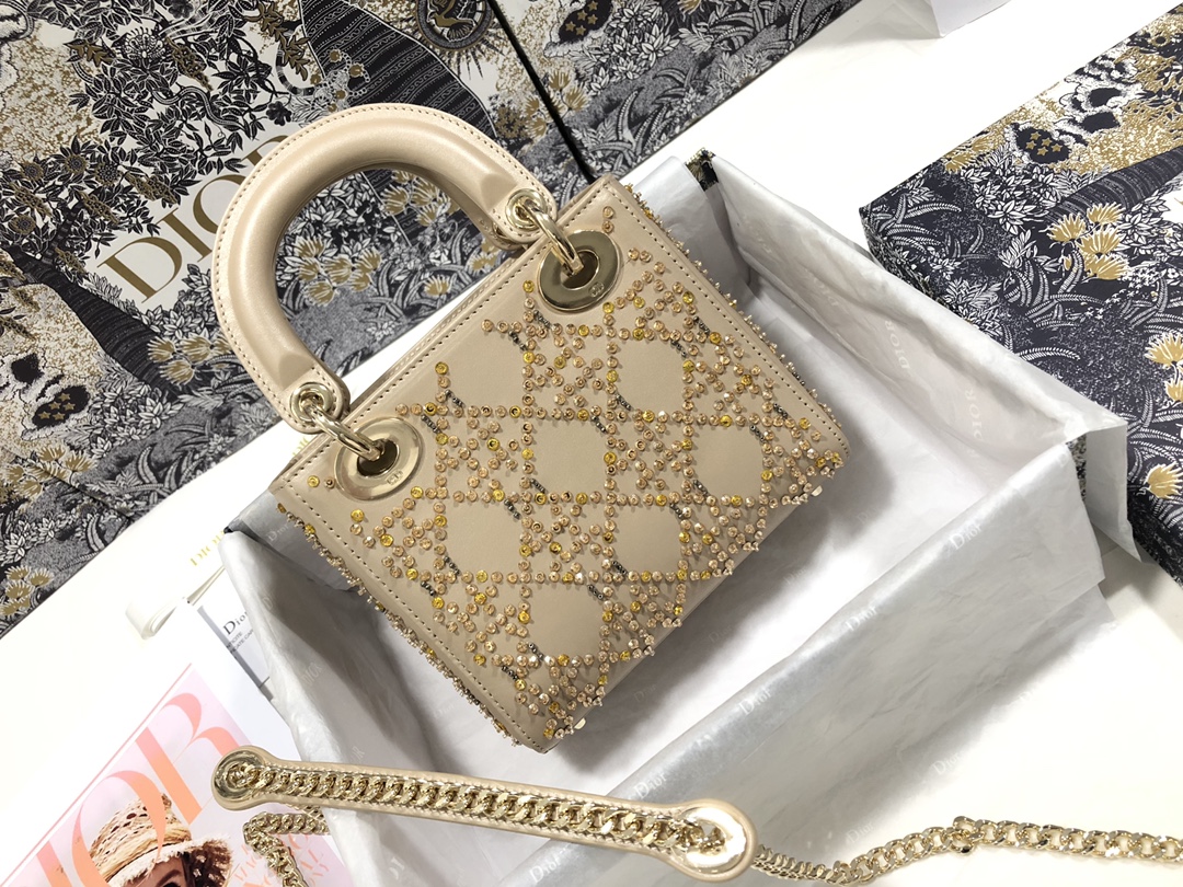 Bagsaaa D10r Lady Mini Beige Leather Crystal 