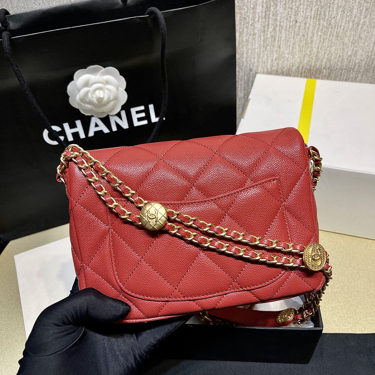 Bagsaaa Ch**el Red Flap Bag - 21X14.5X6cm