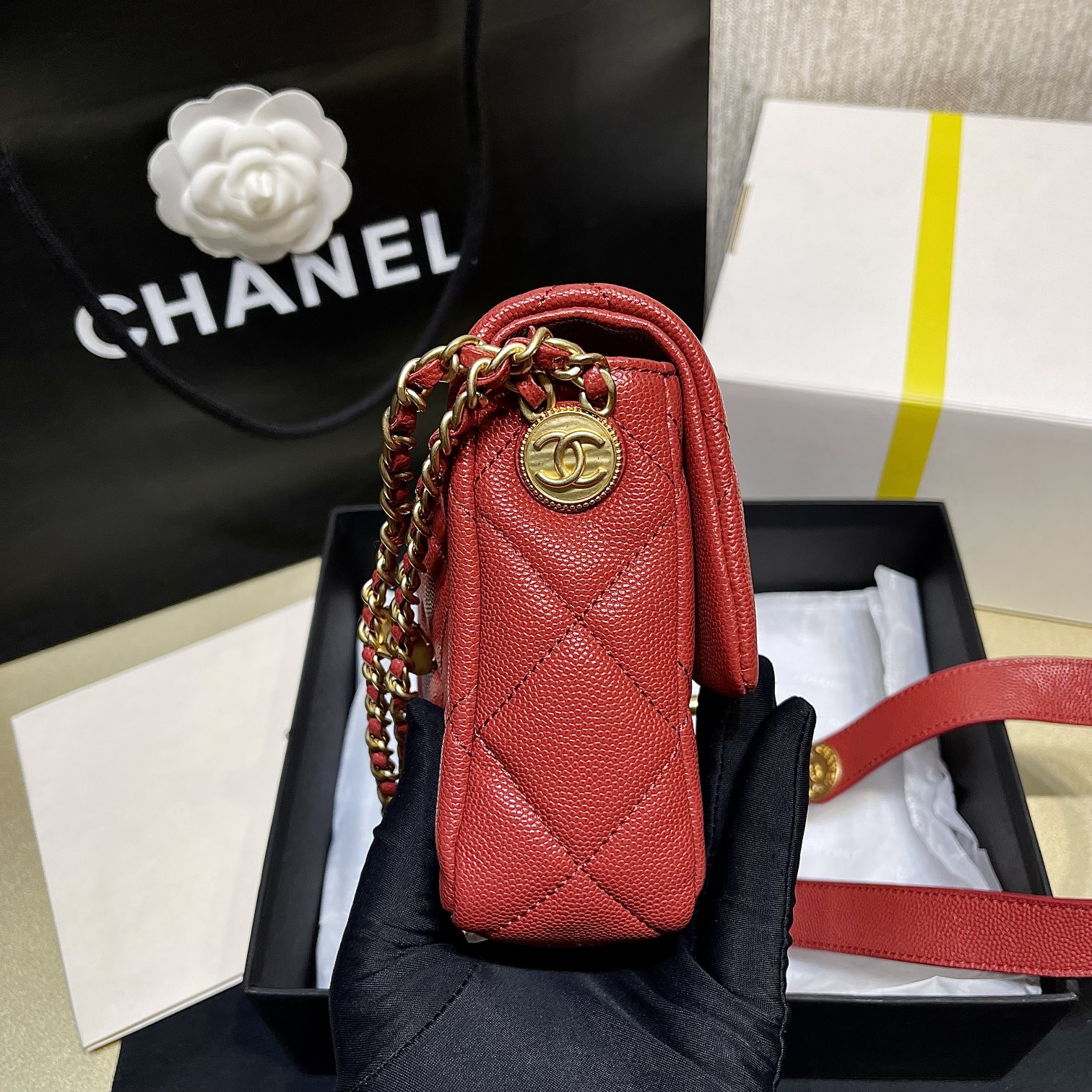 Bagsaaa Ch**el Red Flap Bag - 21X14.5X6cm