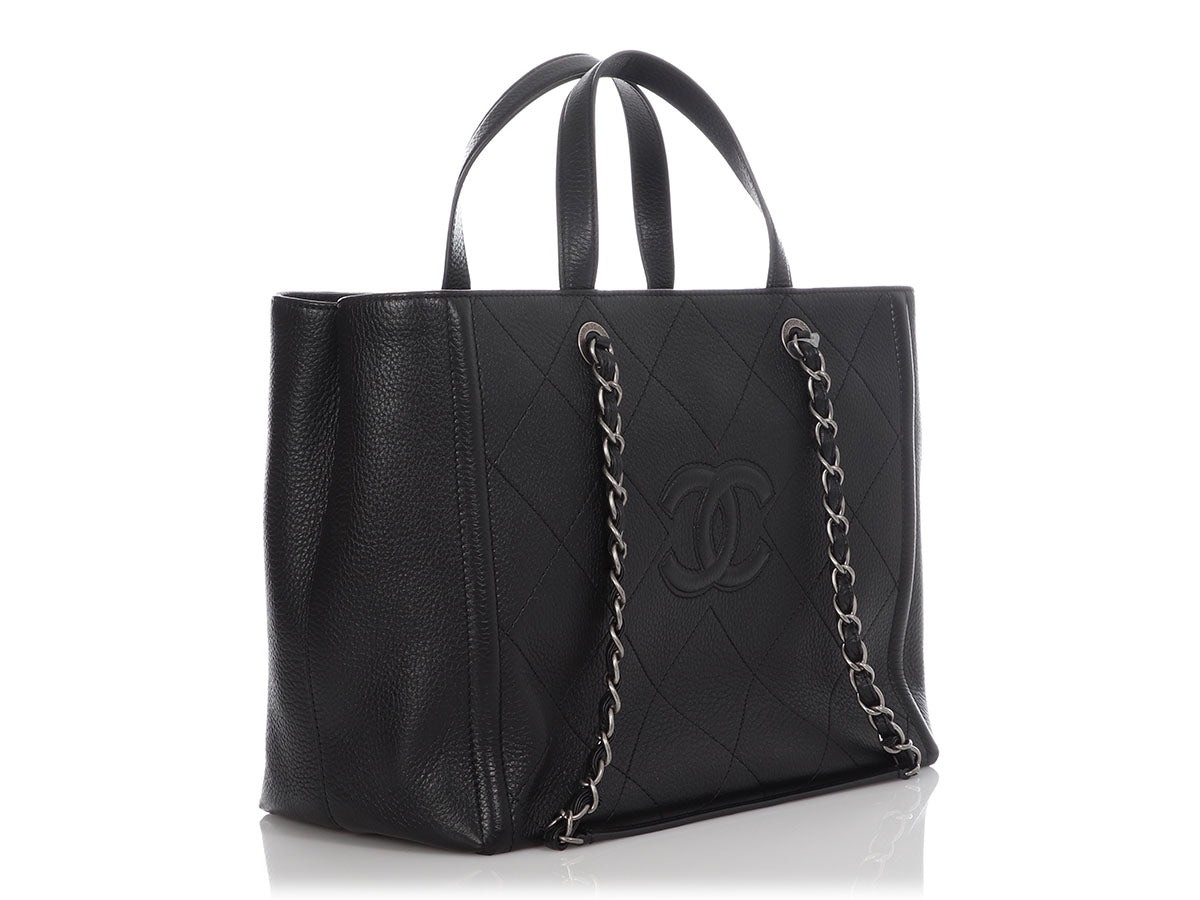 Bagsaaa Ch**el LARGE BLACK PART-QUILTED SOFT CALFSKIN SHOPPING TOTE 