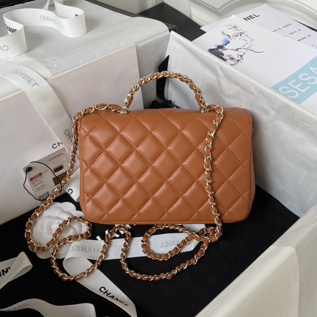 Bagsaaa Ch**el Crystal Top Handle Flap Bag Brown 18cm