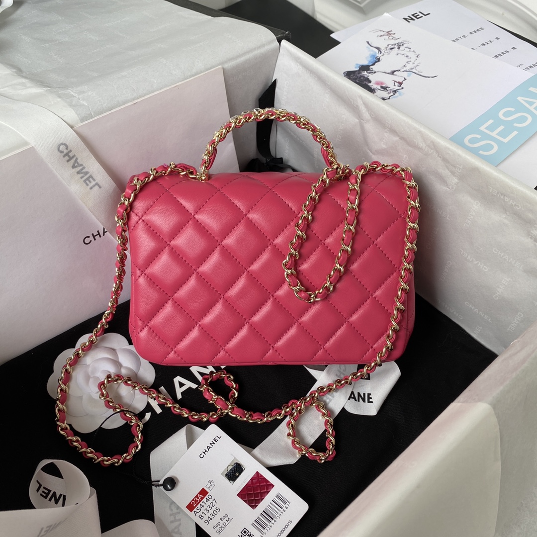 Bagsaaa Ch**el Crystal Top Handle Flap Bag Pink 18cm