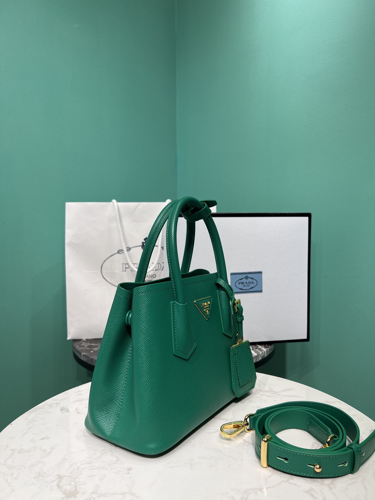 Bagsaaa Pra*a Double Saffiano leather green mini bag 