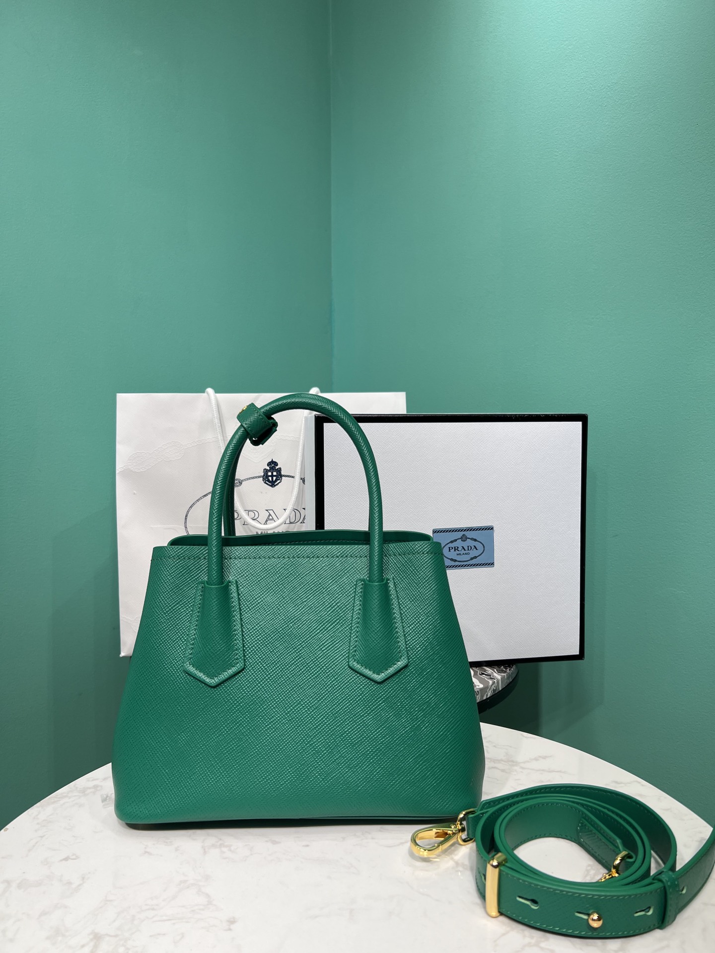 Bagsaaa Pra*a Double Saffiano leather green mini bag 