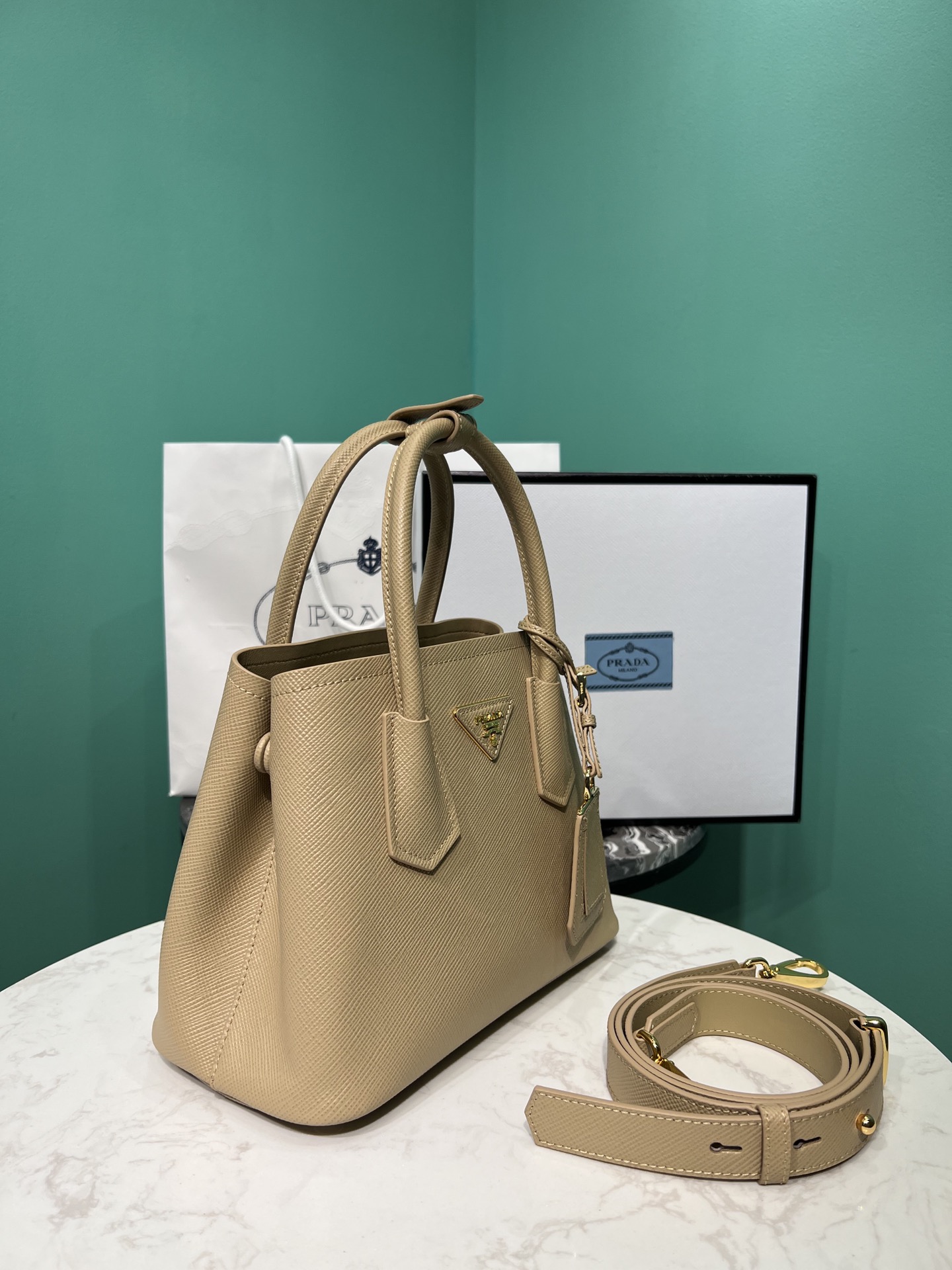 Bagsaaa Pra*a Double Saffiano leather beige mini bag