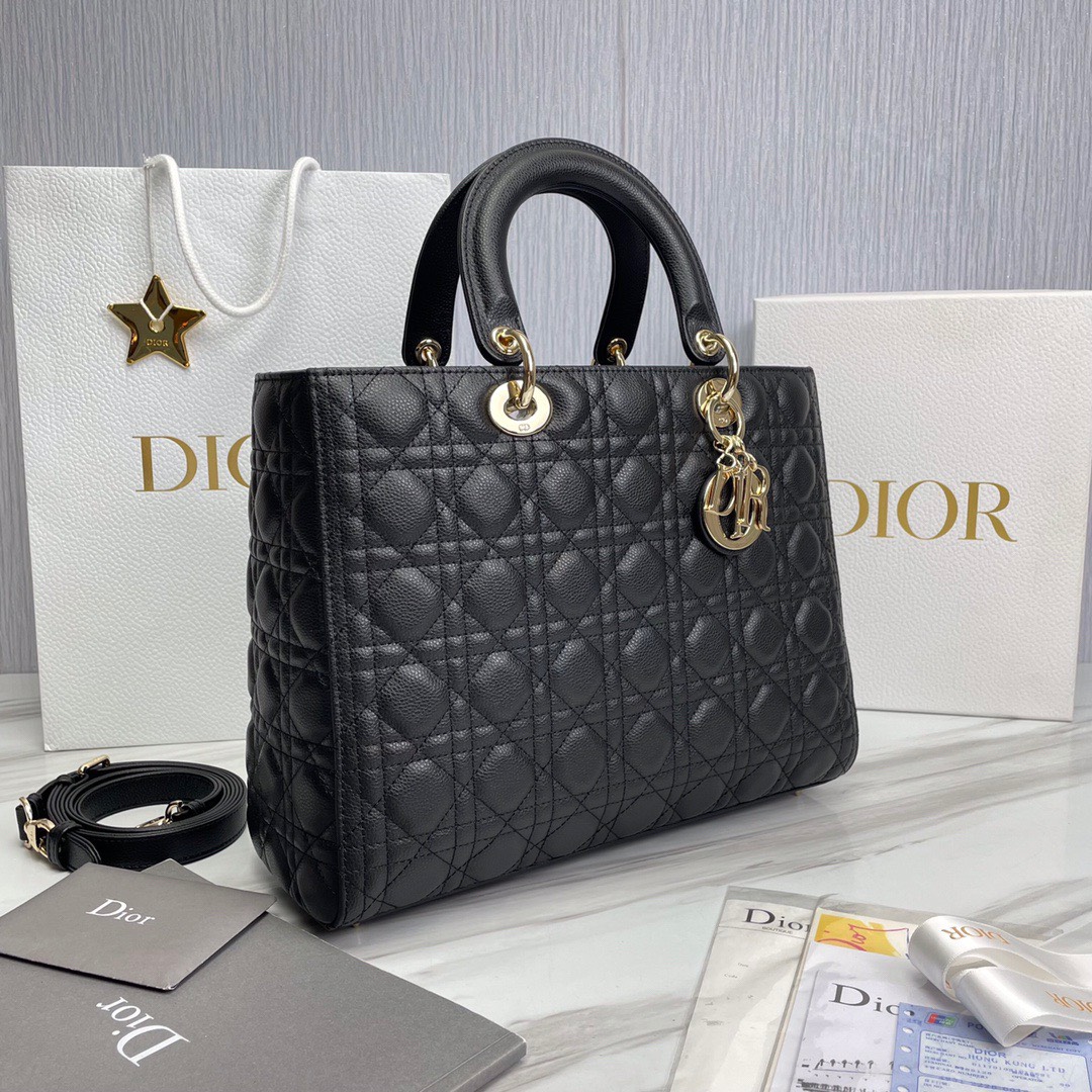 Bagsaaa D10r Lady Large Lady D10r Bag Black Grained Cannage Calfskin