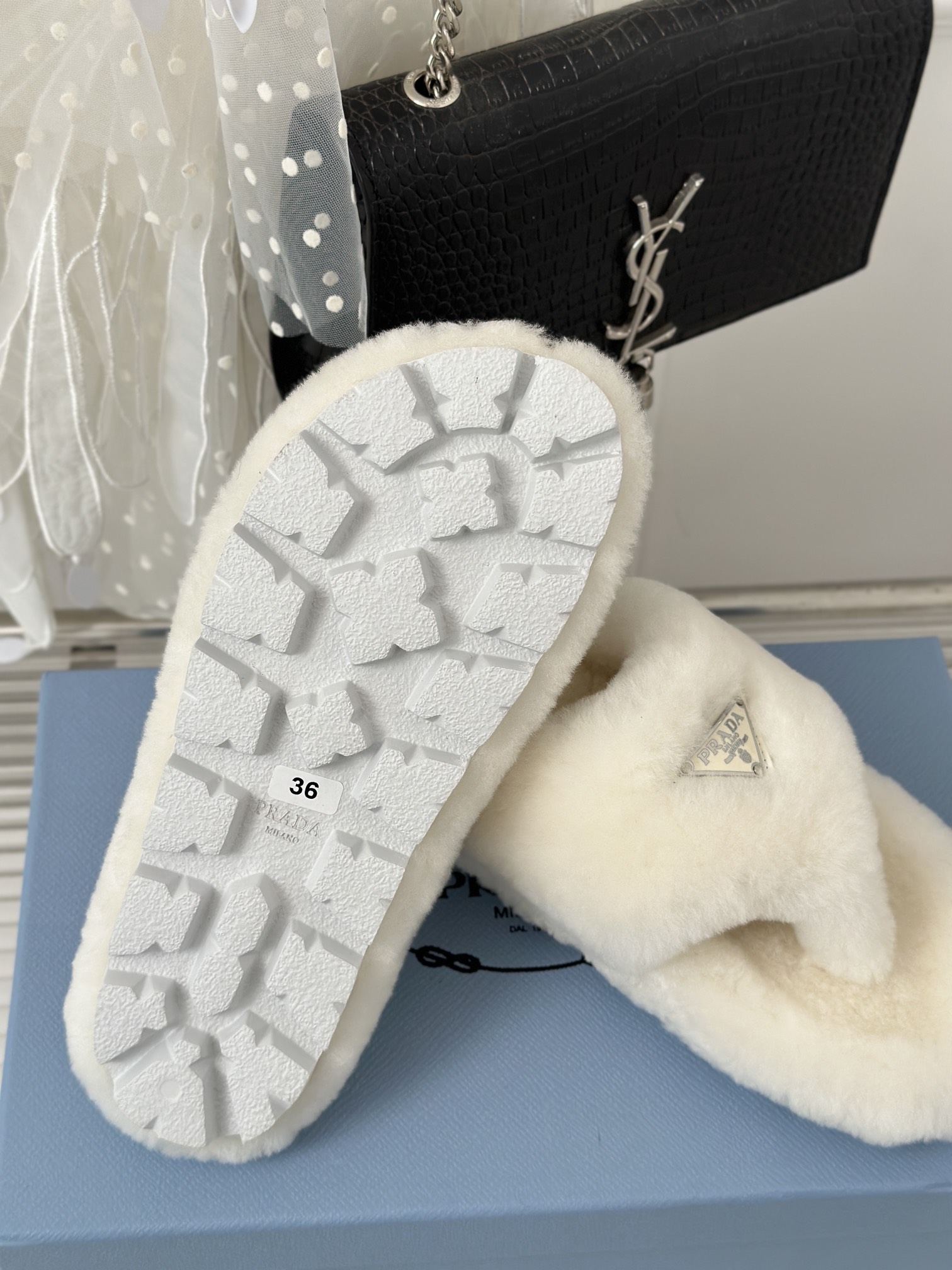 Bagsaaa Pra*a Shearling mules white