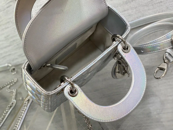 Bagsaaa D10r Lady Mini Silver-Tone Iridescent and Metallic Cannage Lambskin