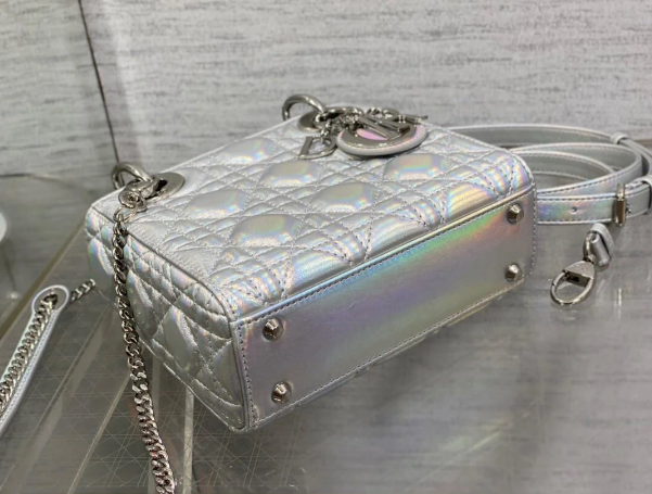 Bagsaaa D10r Lady Mini Silver-Tone Iridescent and Metallic Cannage Lambskin