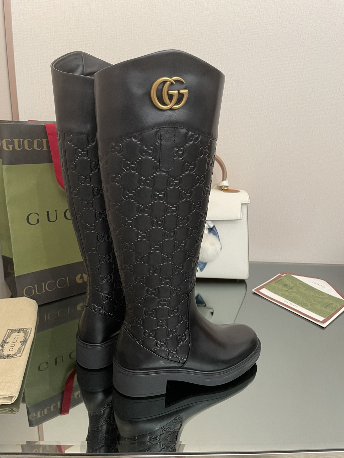 Bagsaaa Gvc*1 GG Ankle Long Black Leather Boots