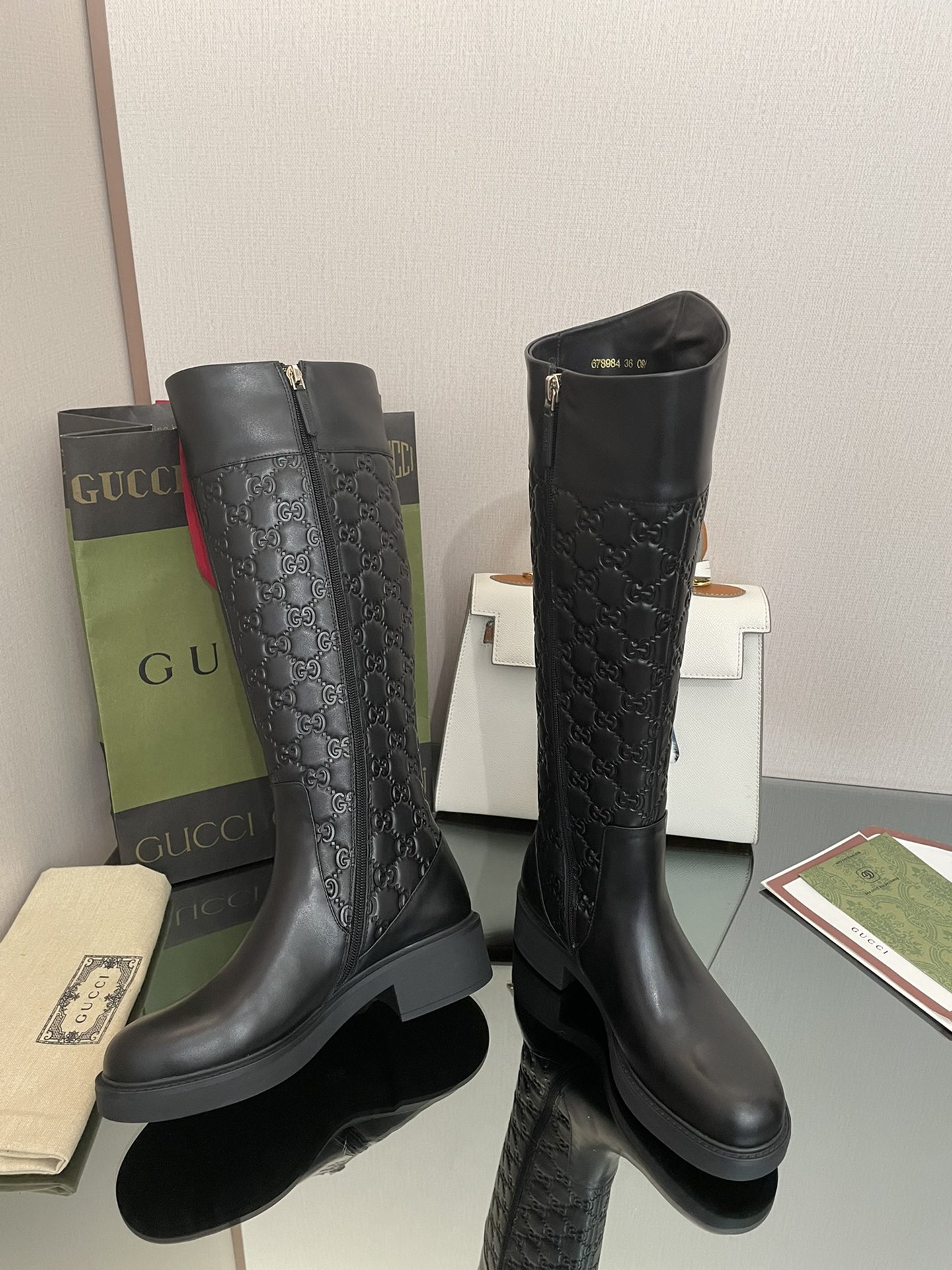Bagsaaa Gvc*1 GG Ankle Long Black Leather Boots