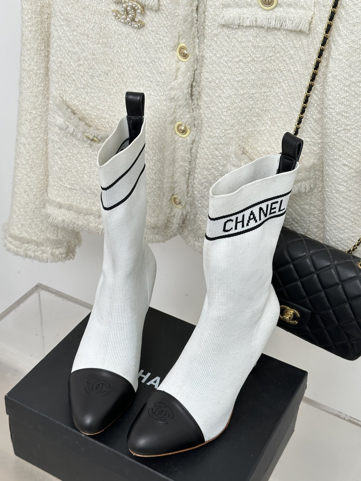 Bagsaaa Ch**el Beaded Pearl Sock Boots White