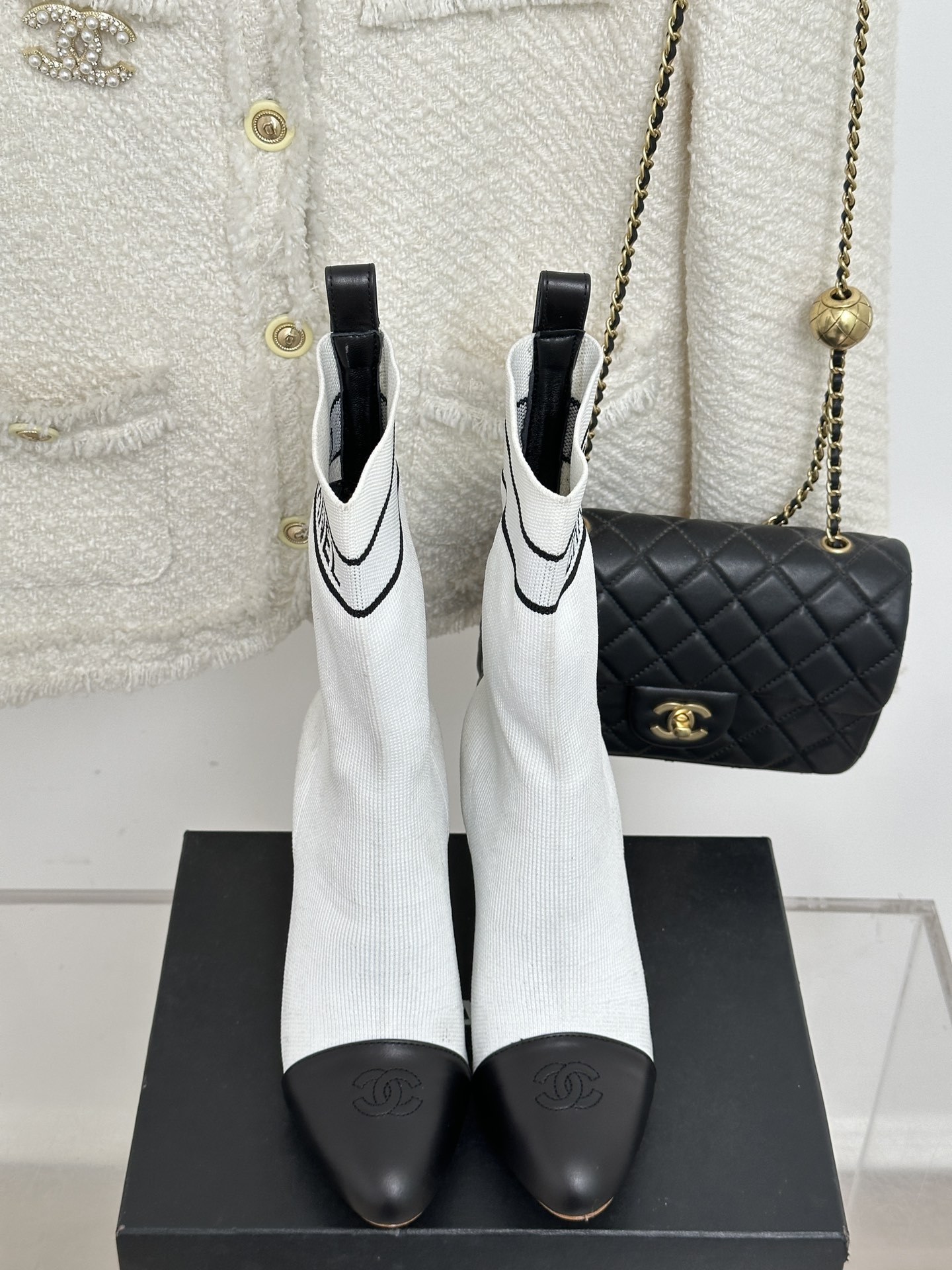Bagsaaa Ch**el Beaded Pearl Sock Boots White