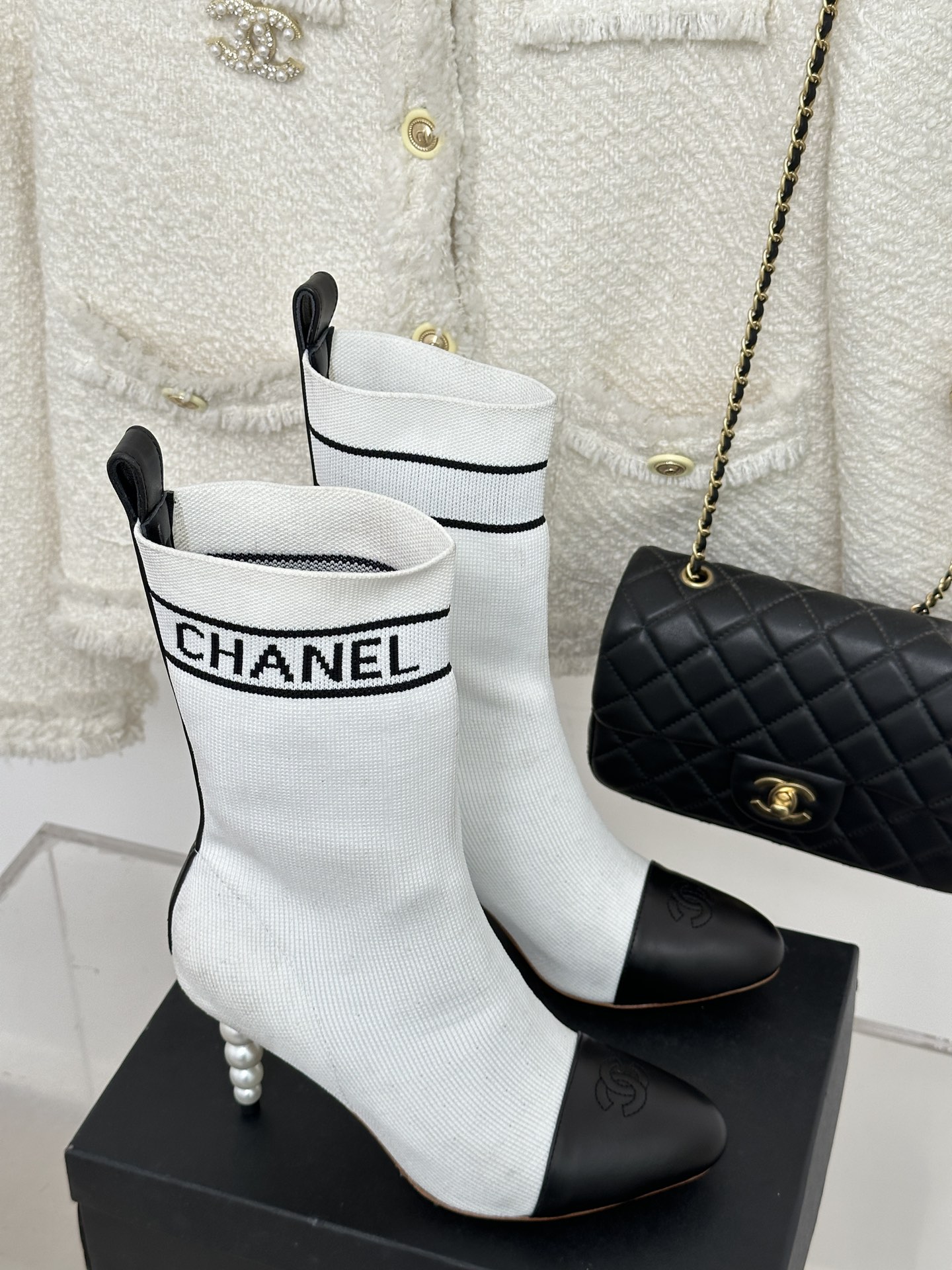 Bagsaaa Ch**el Beaded Pearl Sock Boots White