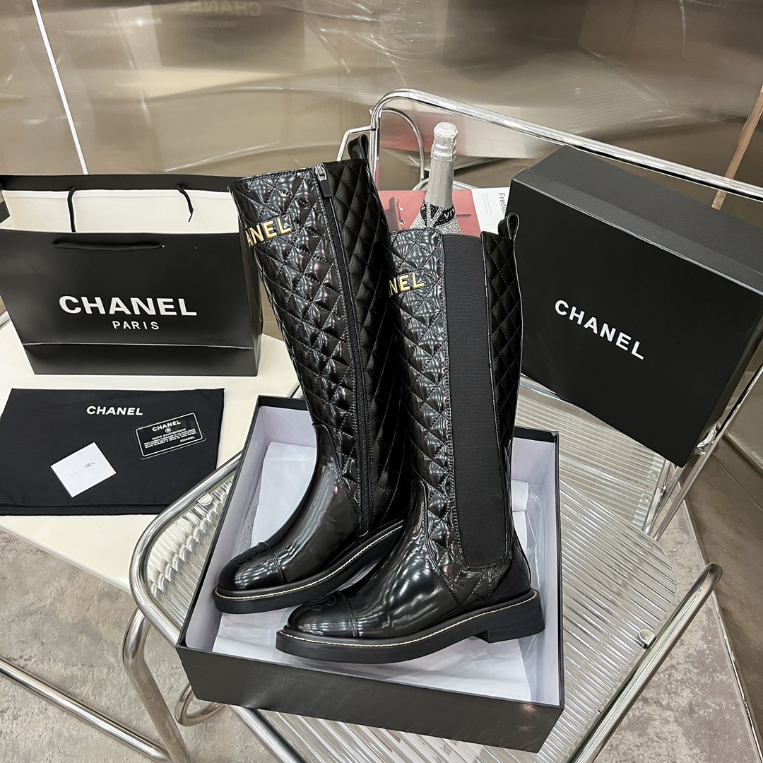 Bagsaaa Ch**el Chelsea Black Patent Leather Long Boots