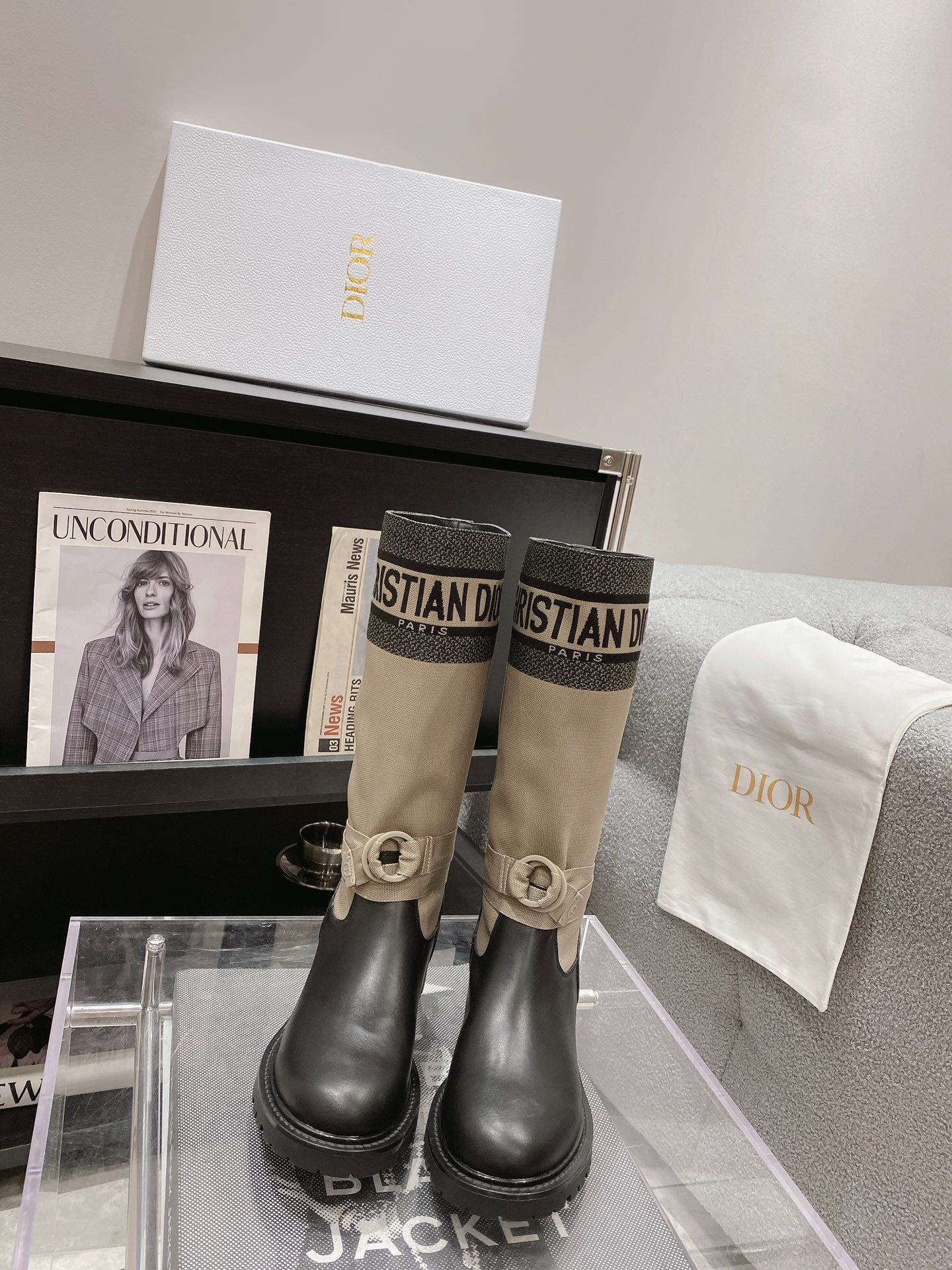 BAGSAAA D-MAJOR BOOT TAUPE TECHNICAL FABRIC AND BLACK CALFSKIN