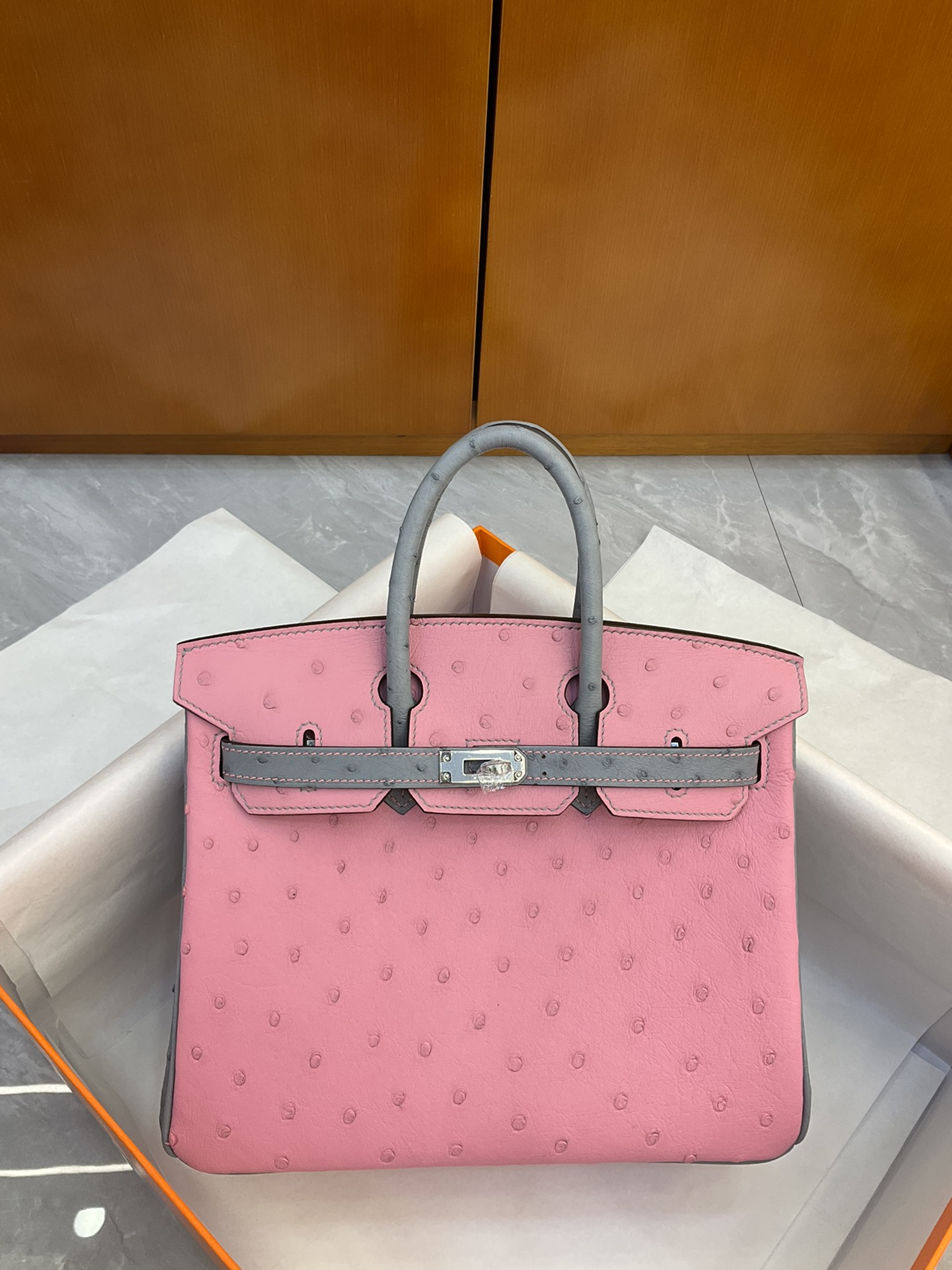 Bagsaaa H**me5 Birkin 25 Ostrich Leather Grey and Pink